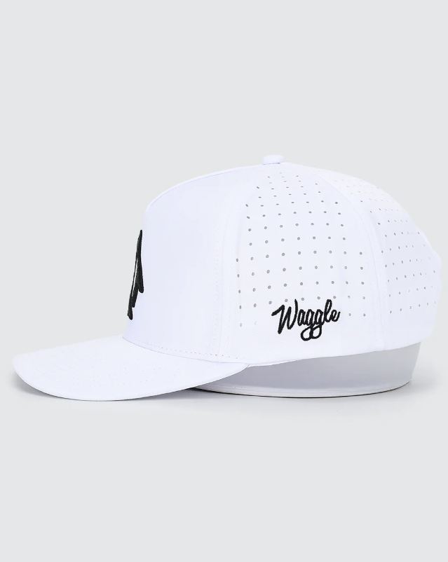 Waggle Waddle Wedge hat, side view with Waggle script logo