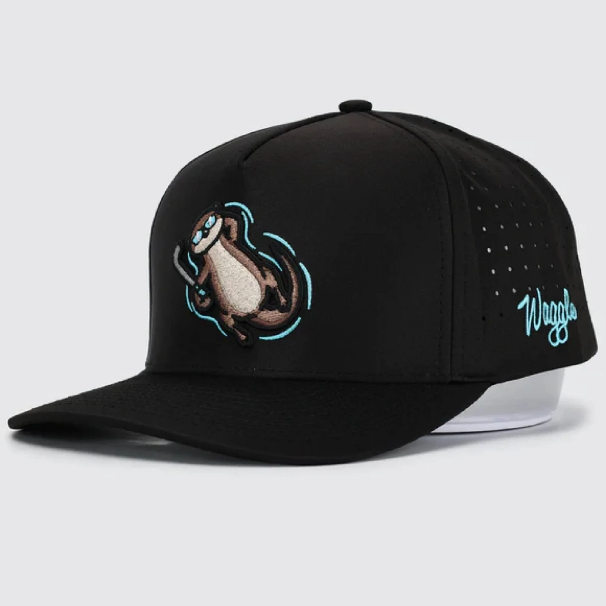 Waggle Otter Nonsense hat, angled front view showing otter embroidery detail