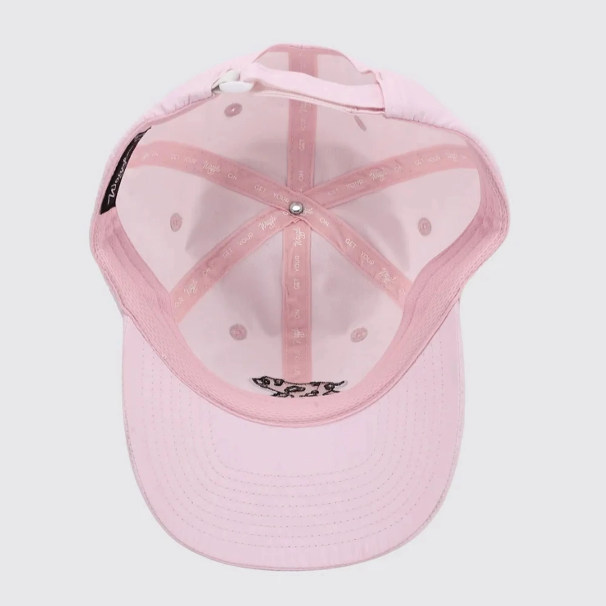 Waggle Babe Flight hat, pink, underside view showing unstructured six-panel construction
