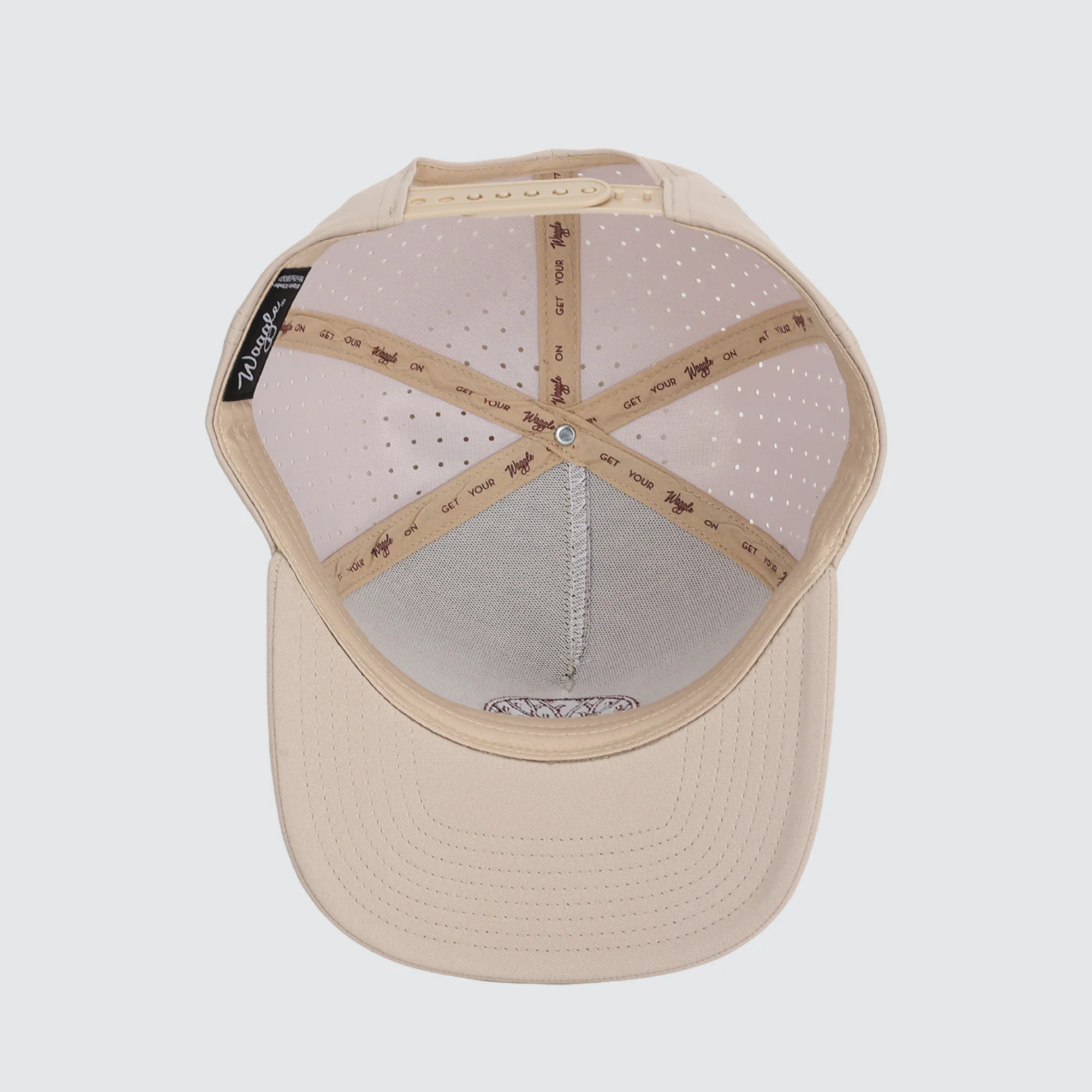 Waggle Smoaked It hat, underside view showing structured crown and taping