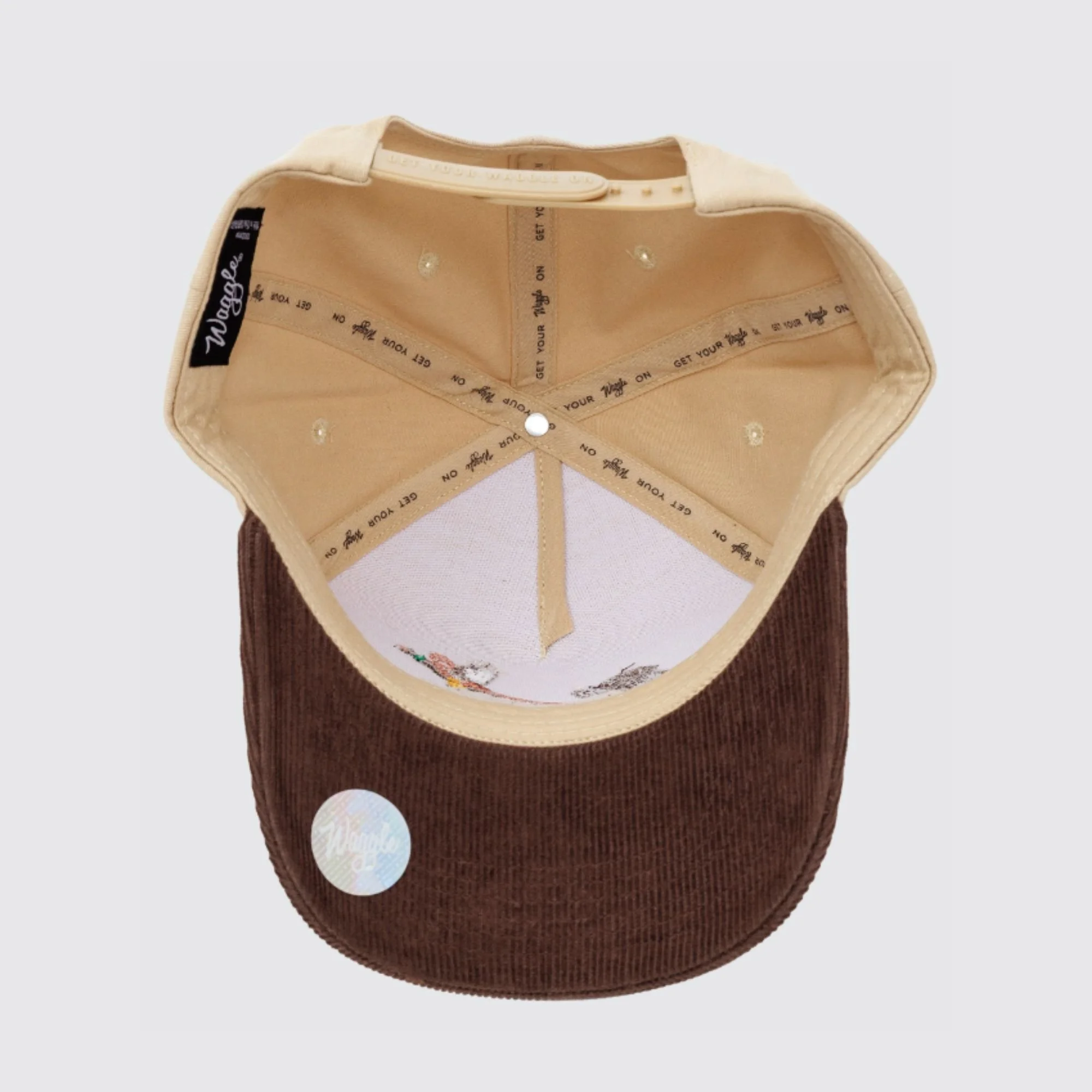 Waggle Upland Corduroy Brim hat, underside view showing brown corduroy brim