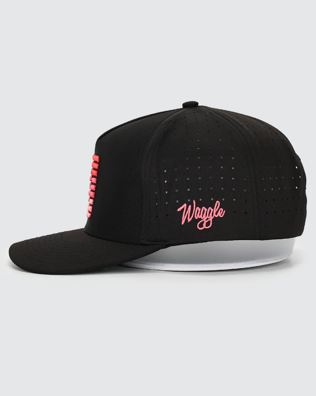 Waggle Mirage hat, side view with Waggle script logo