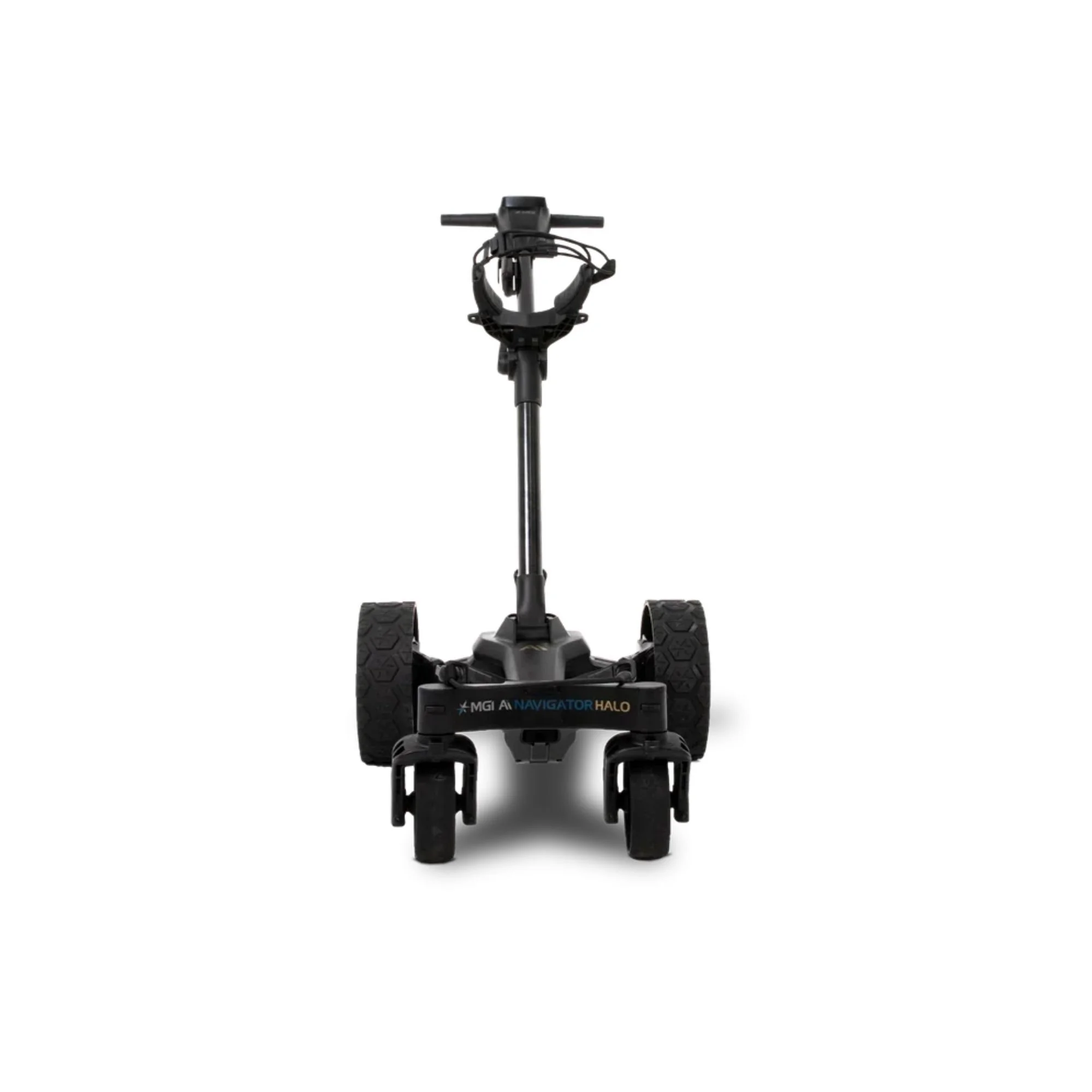 MGI Ai Navigator Halo remote control electric golf buggy, front view showing 5-wheel design and MGI branding