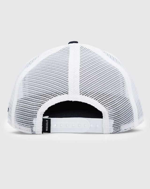 Waggle Ice Fishing Tours trucker hat, back view showing mesh panel and snapback closure