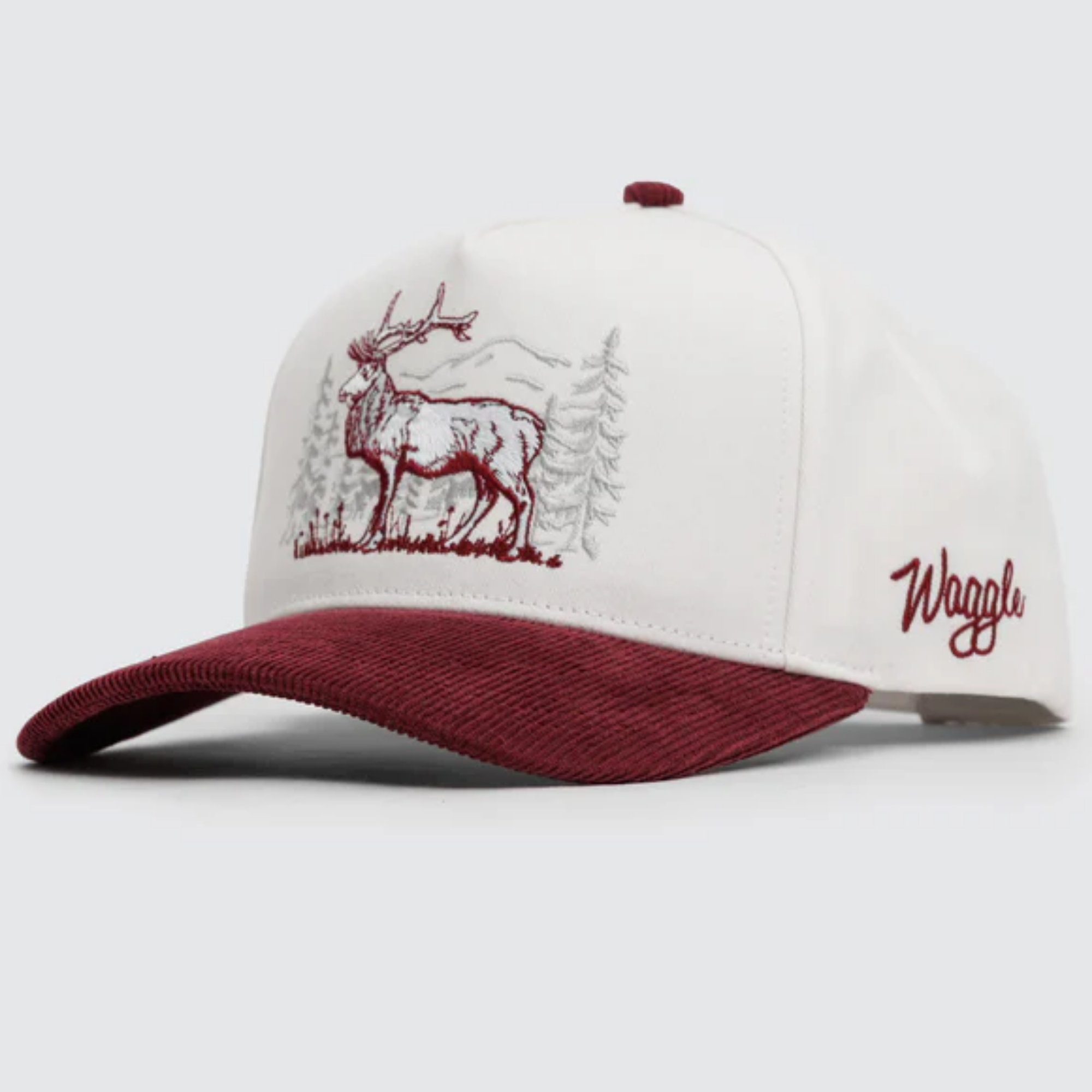 Waggle Yukon Corduroy Brim hat, angled front view showing elk embroidery detail