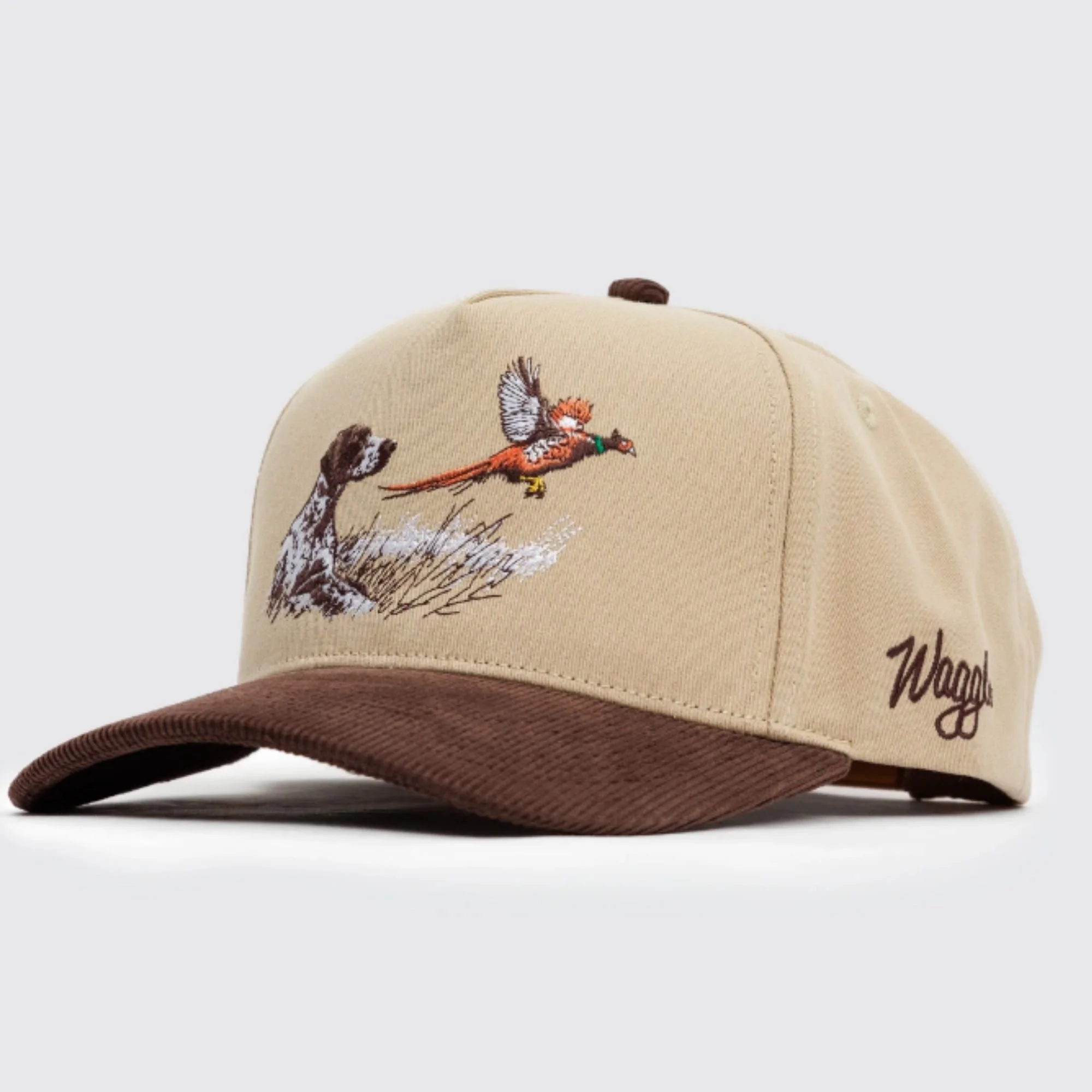 Waggle Upland Corduroy Brim hat, angled front view showing hunting dog and pheasant embroidery detail