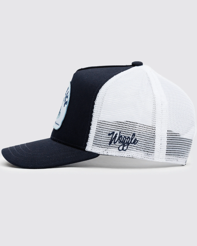 Waggle Ice Fishing Tours trucker hat, side view showing mesh back panel