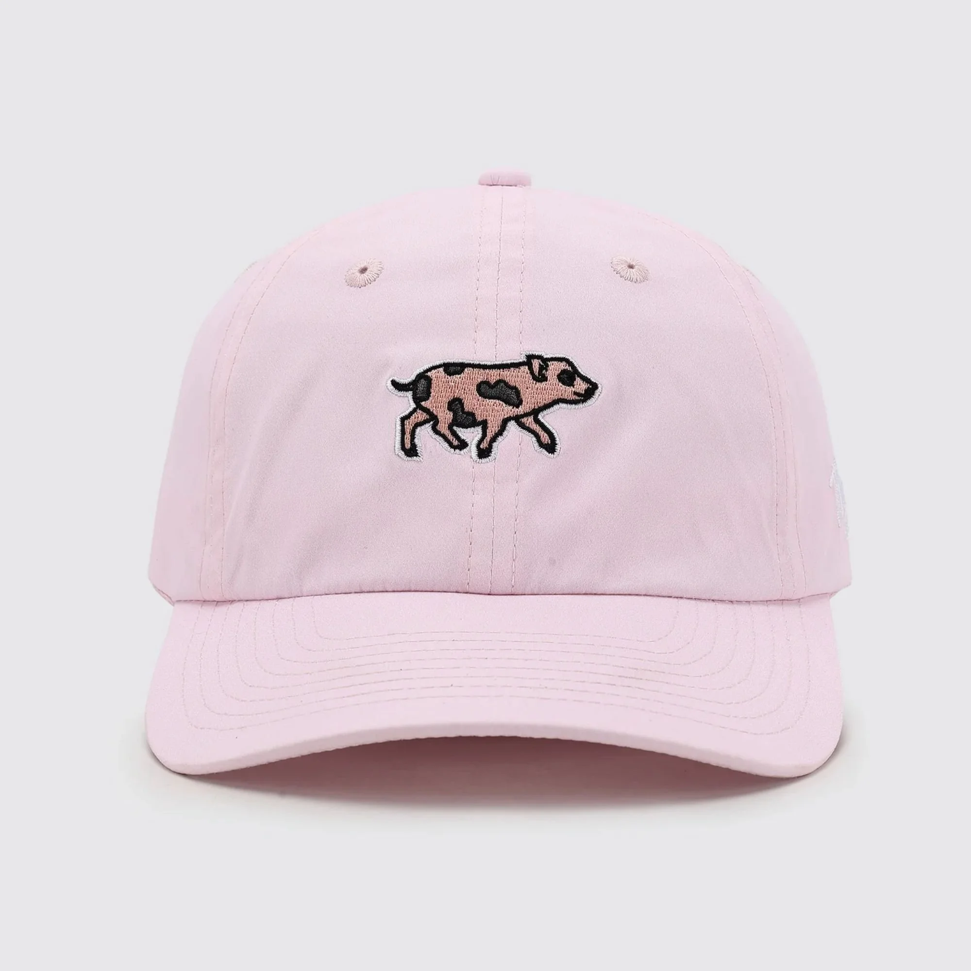 Waggle Babe Flight hat, front view, pink with pig embroidery