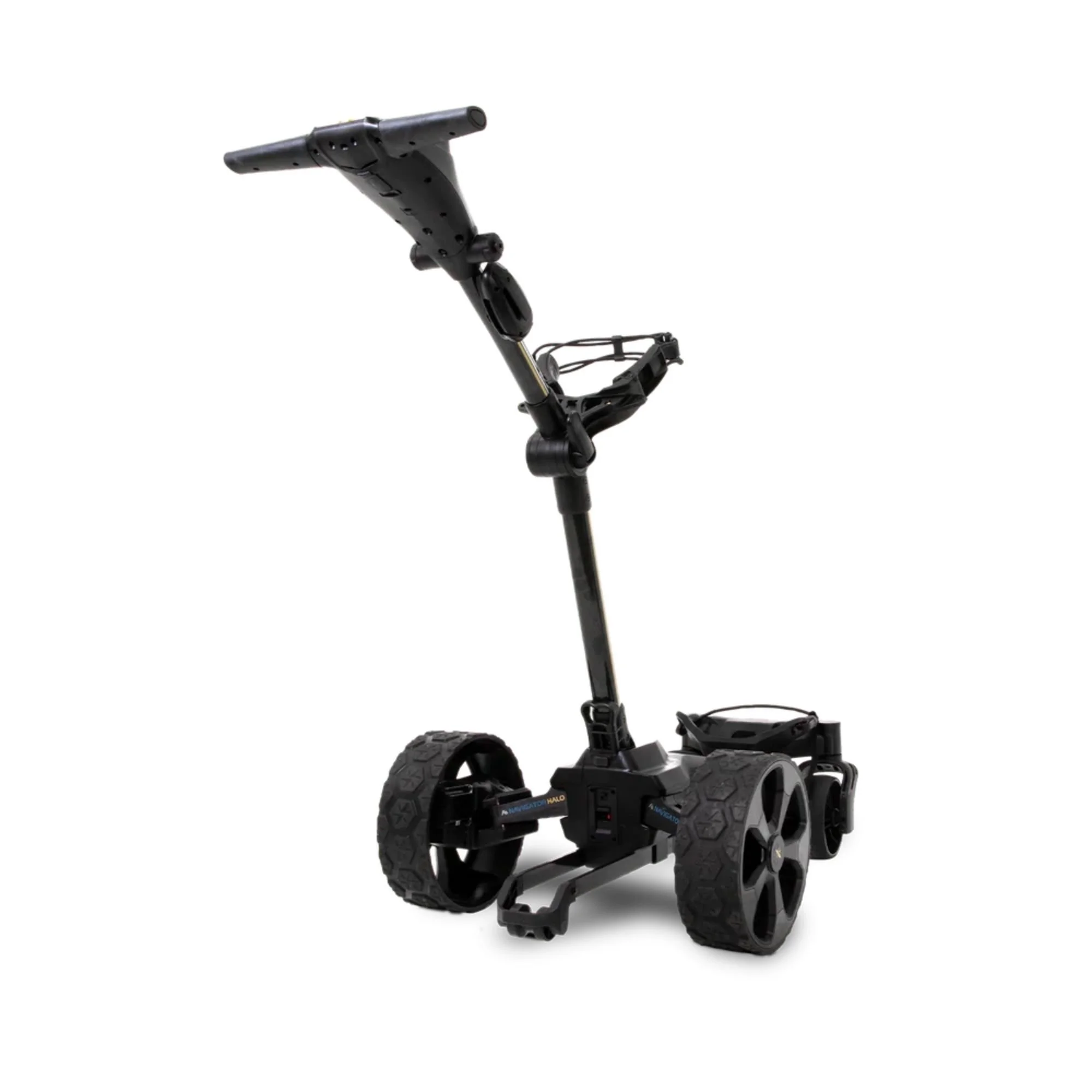 MGI Ai Navigator Halo remote control electric golf buggy, angled three-quarter view showing front wheels and rear caster