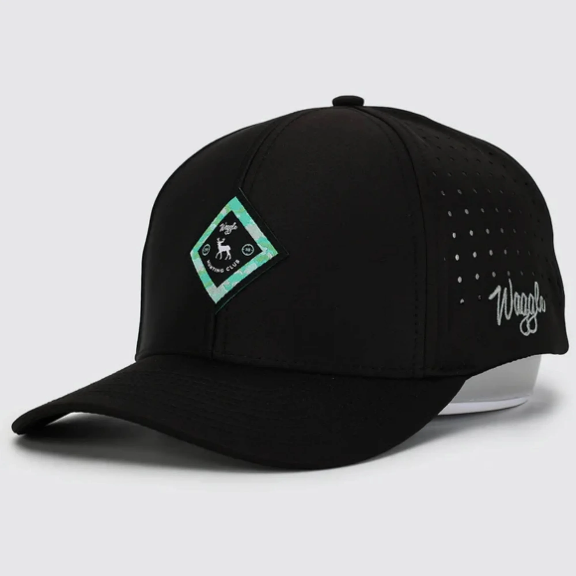 Waggle Hunting Club hat, angled front view showing teal diamond logo detail