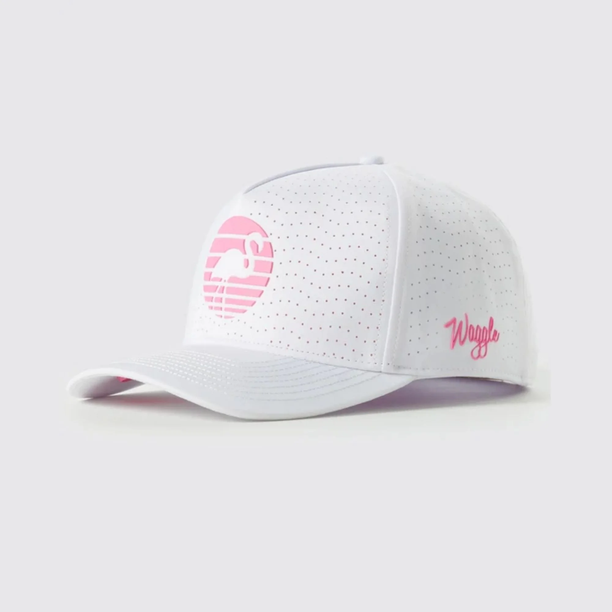 Waggle Oasis Repel hat, white, angled front view showing floating brim and perforated panels