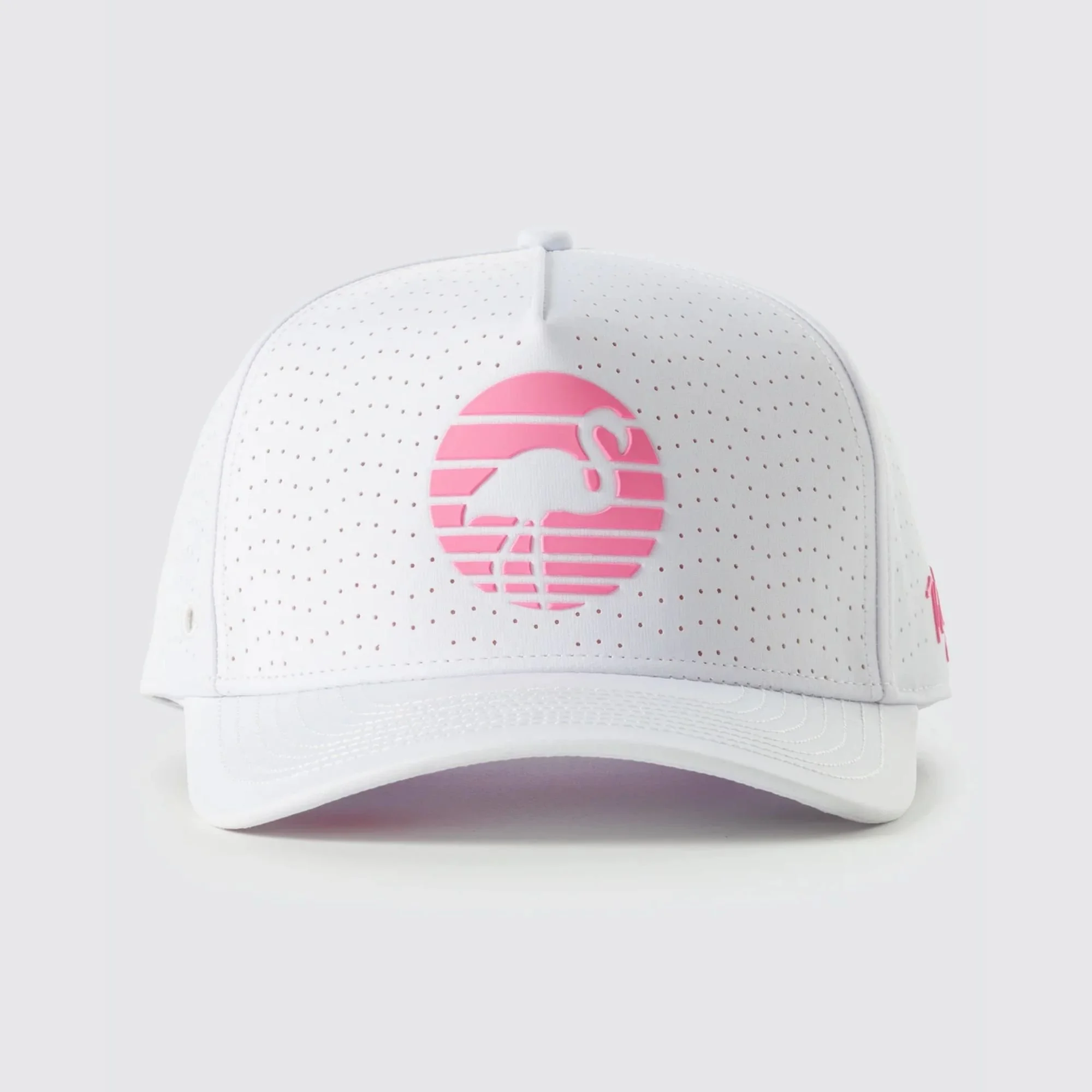 Waggle Oasis Repel hat, front view, white with pink flamingo emblem
