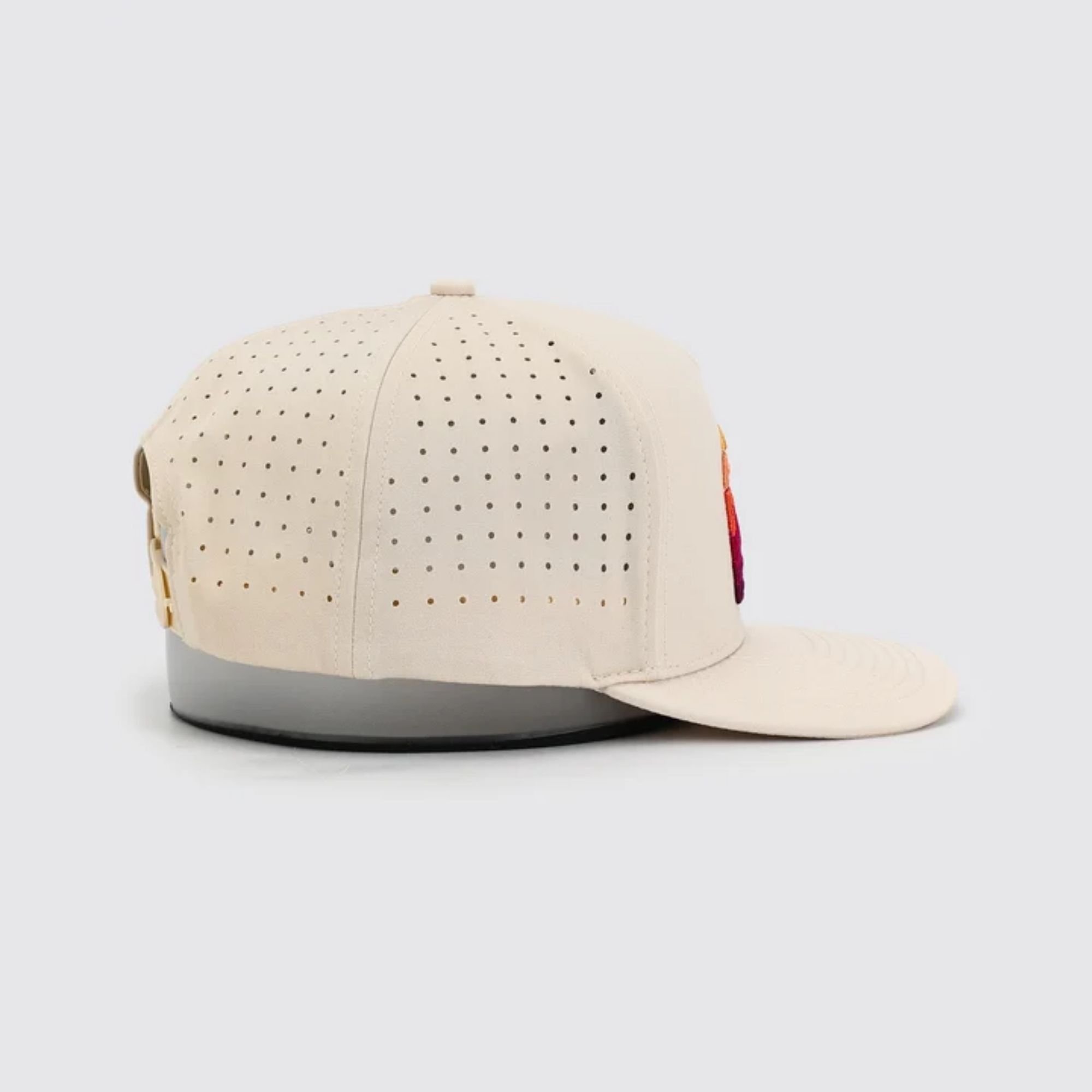 Waggle OB Outlaw hat, tan, side view showing perforated panel detail