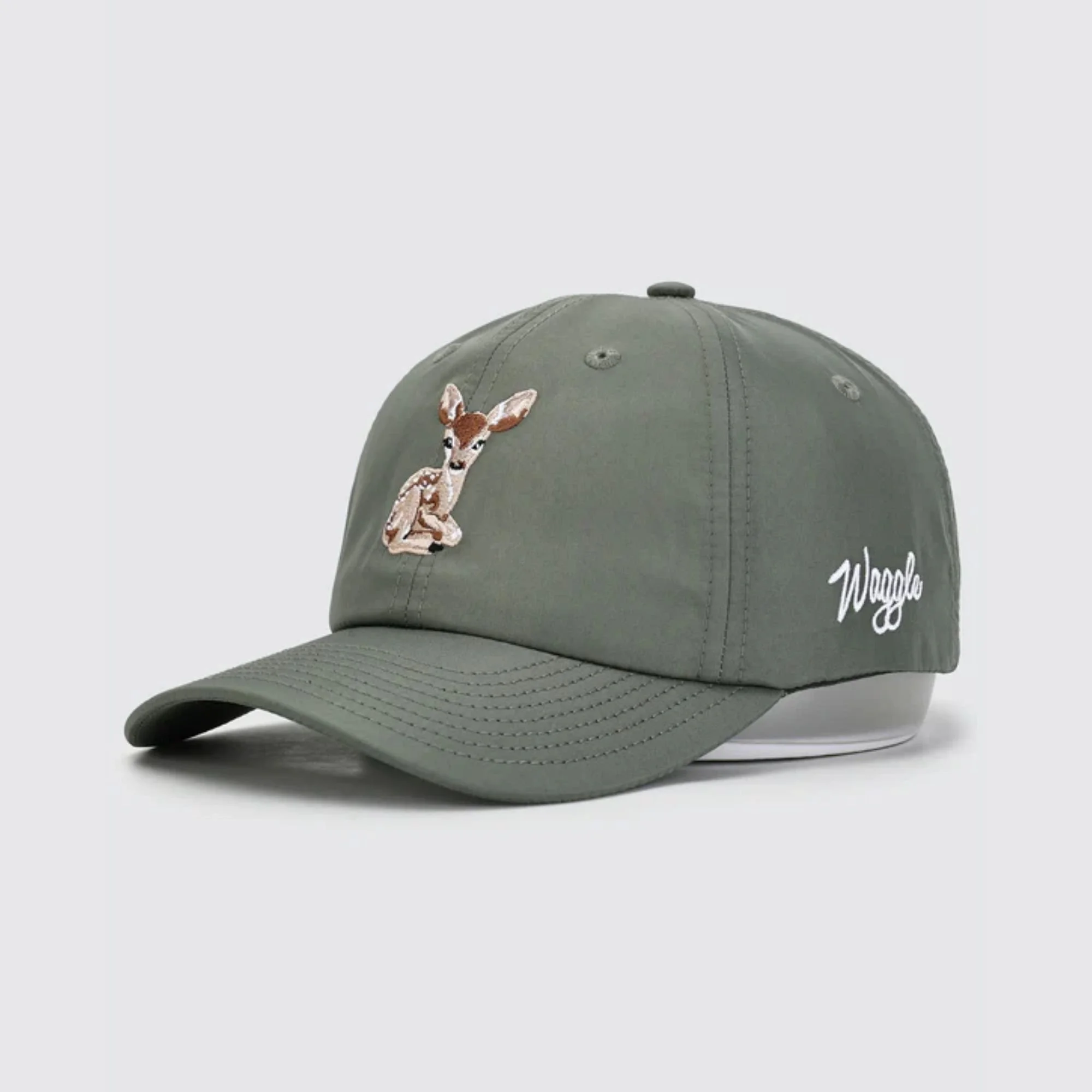 Waggle Doe-Eyed Flight hat, angled front view showing deer embroidery detail