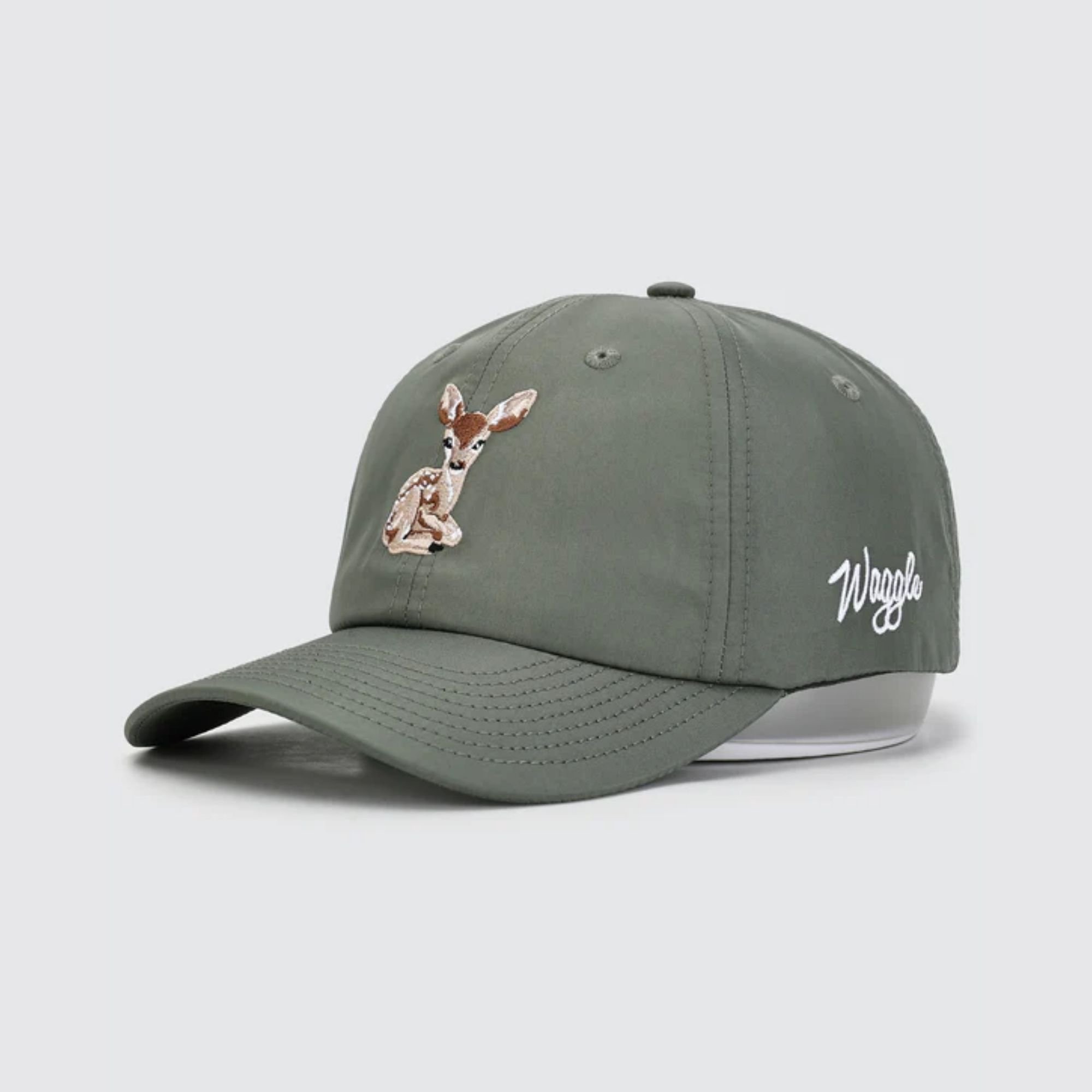 Waggle Doe-Eyed Flight hat, angled front view showing deer embroidery detail