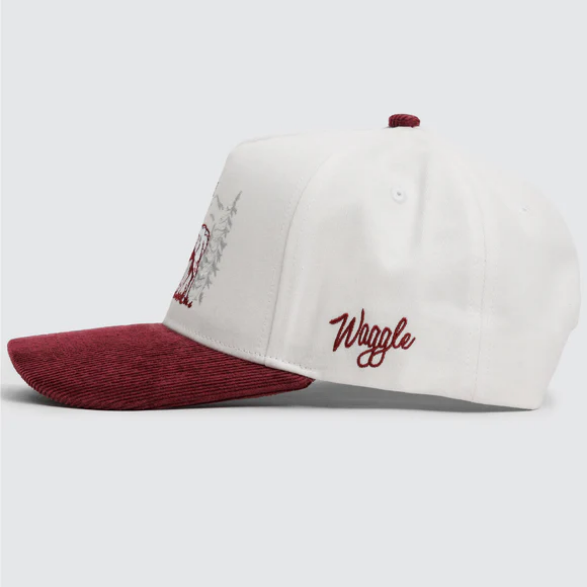 Waggle Yukon Corduroy Brim hat, side view with Waggle script logo