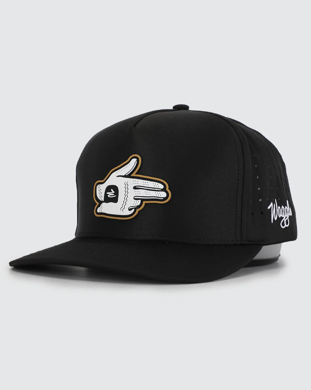 Waggle Shooter hat, angled front view showing graphic detail and Waggle logo