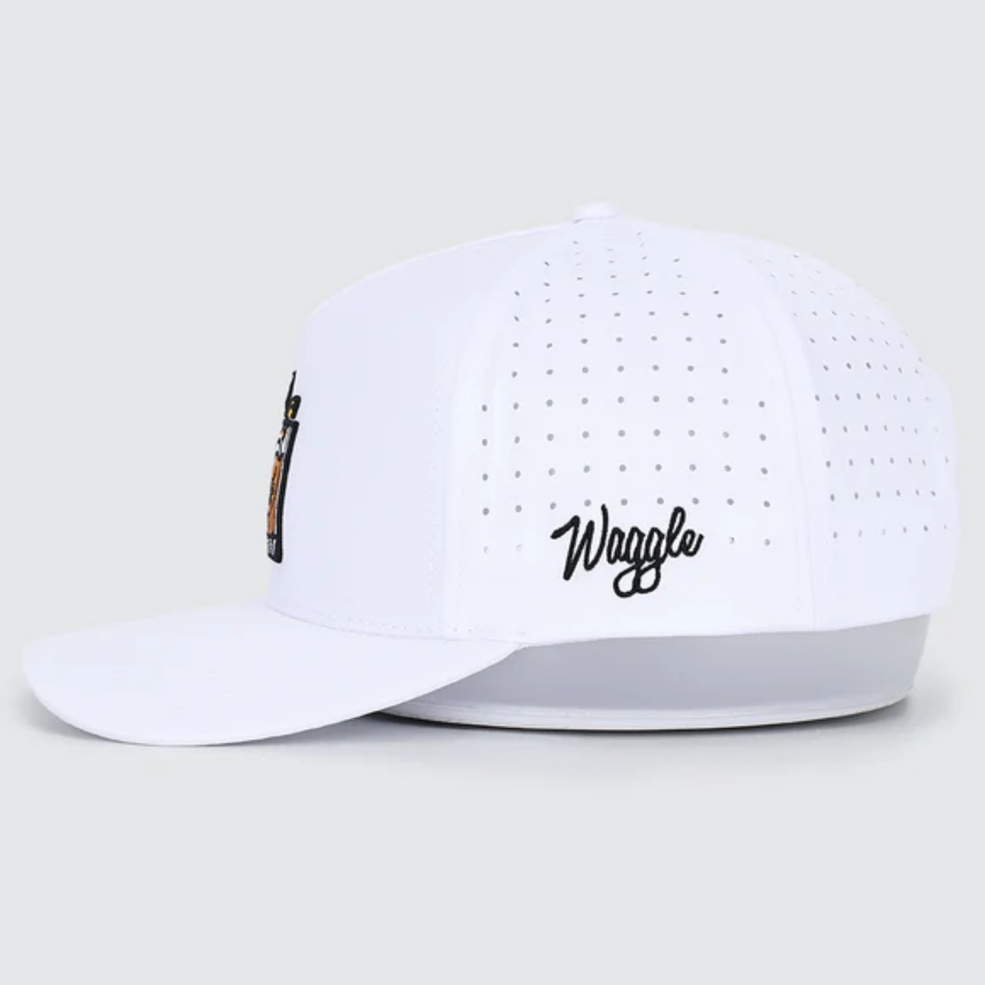 Waggle 19th Hole hat, side view with Waggle script logo embroidery