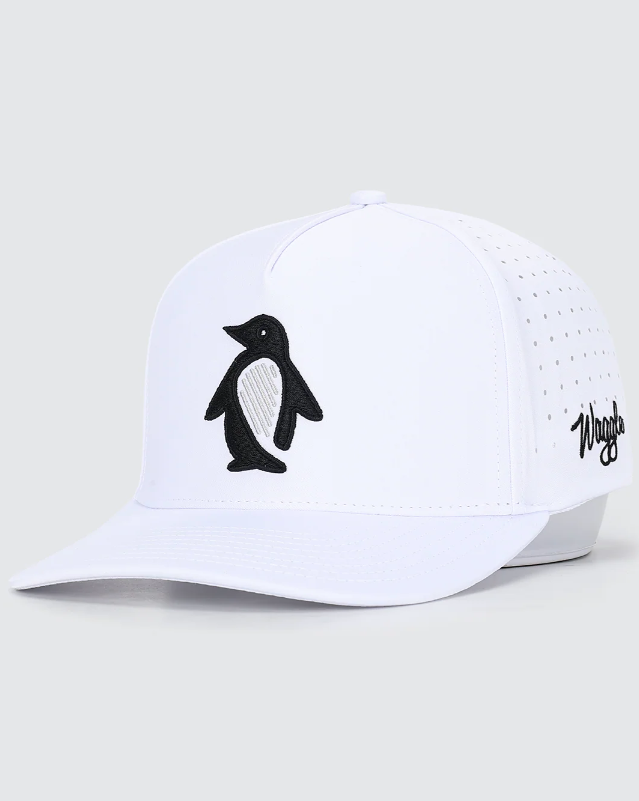 Waggle Waddle Wedge hat, angled front view showing penguin embroidery detail