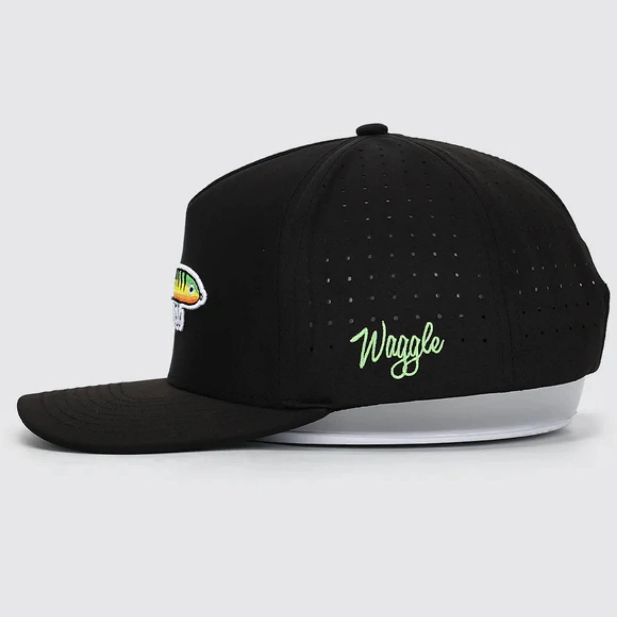 Waggle Lured In hat, opposite side view with Waggle script logo