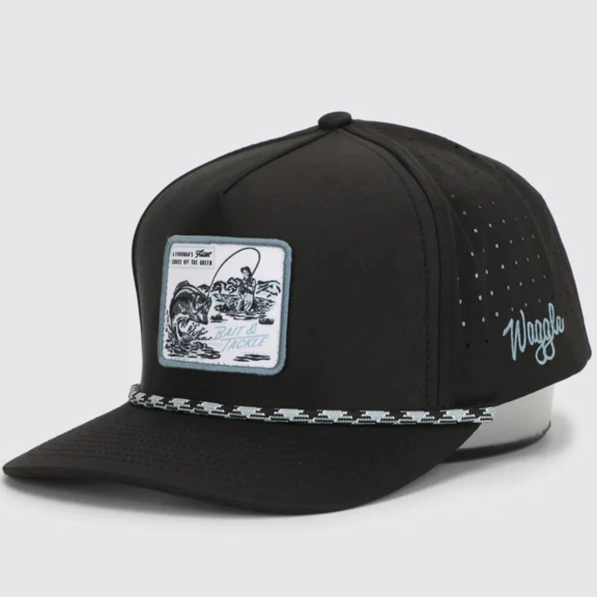 Waggle Bait & Tackle hat angled front view showing fishing and fairway patch and patterned brim