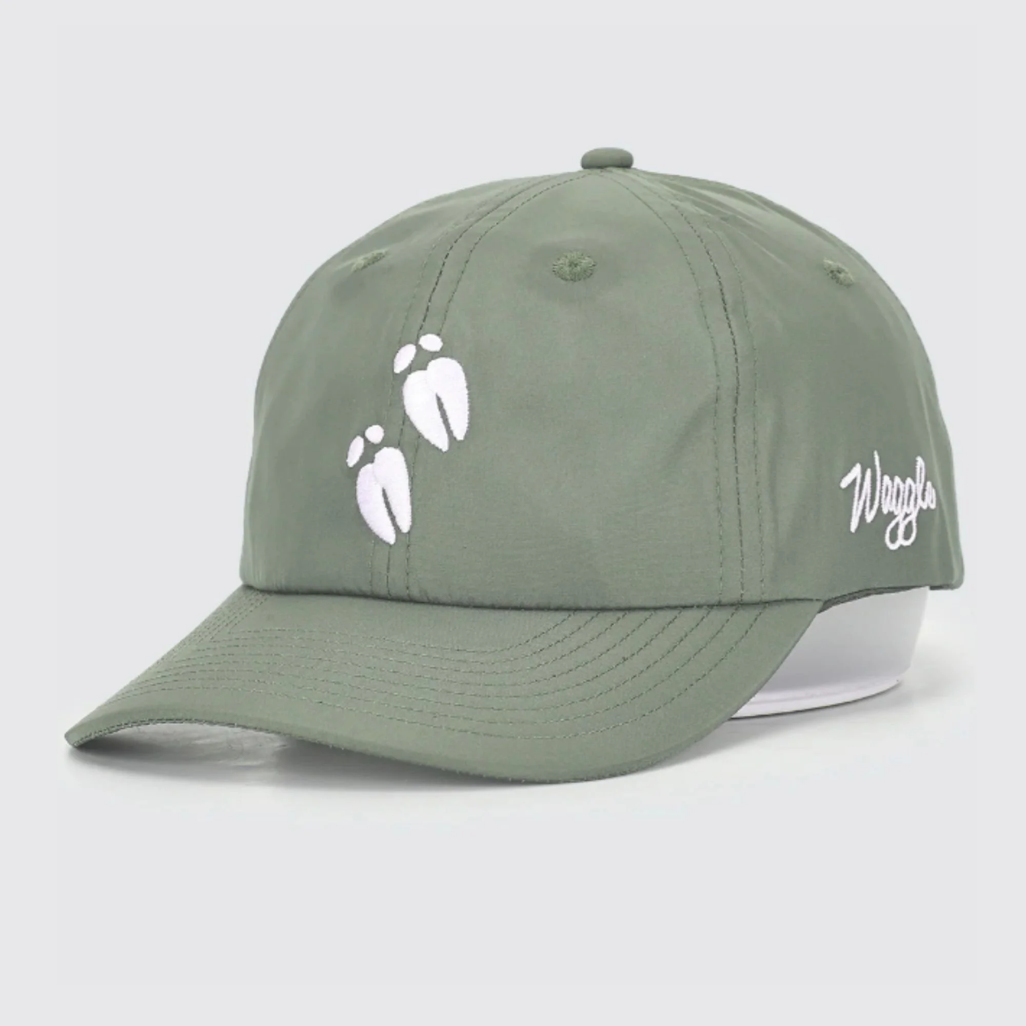 Waggle Fresh Tracks Flight hat, angled front view showing Waggle logo on side panel