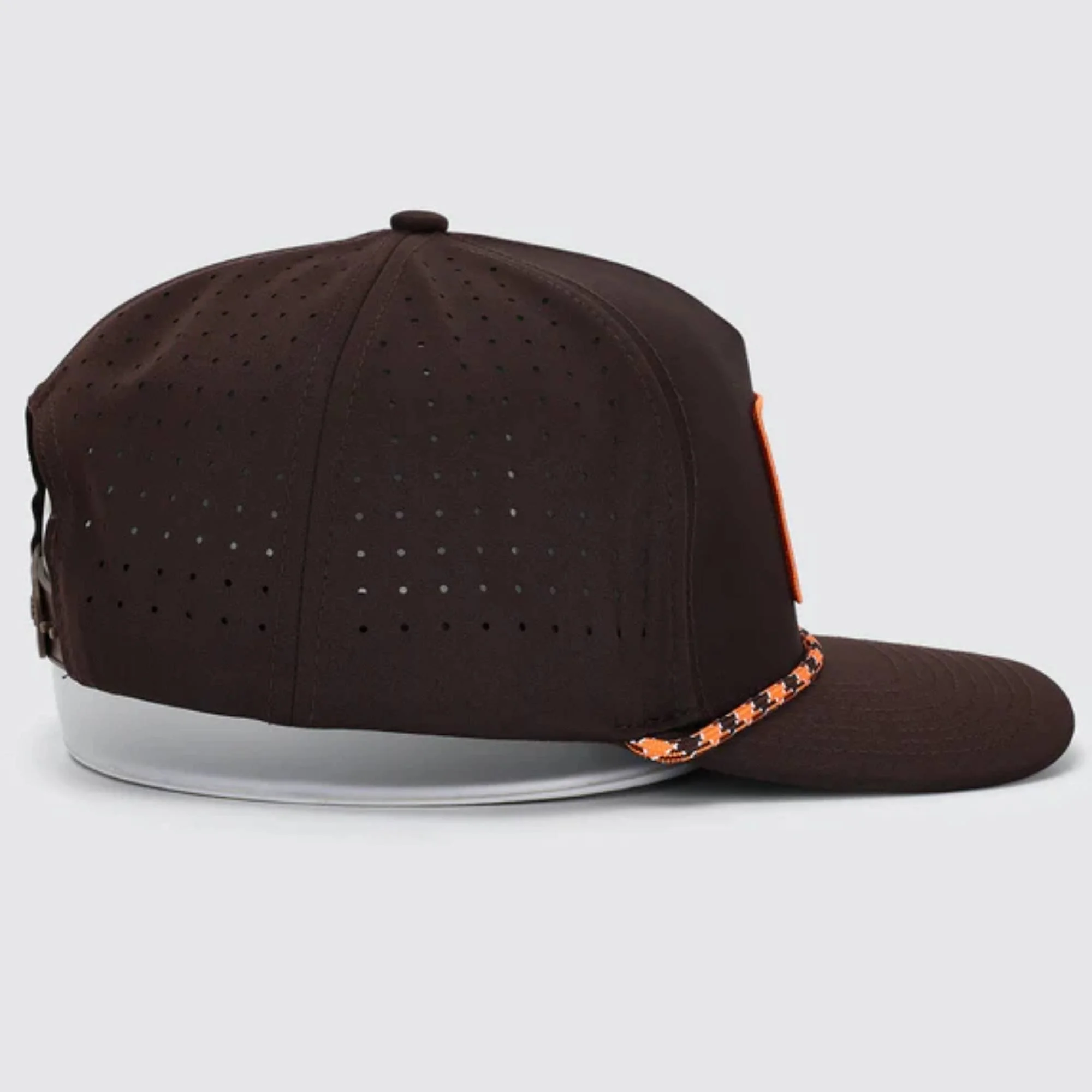 Waggle Land Before Golf hat, side view showing orange rope trim detail