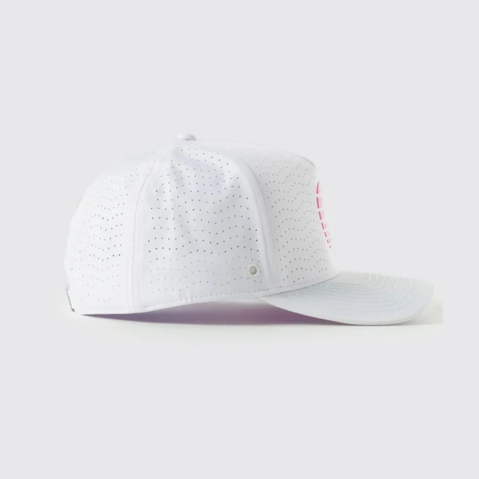 Waggle Oasis Repel hat, white, left side view showing perforated panel detail