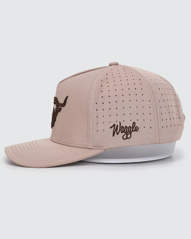 Waggle Highlander hat, brown, side view showing perforated fabric panels