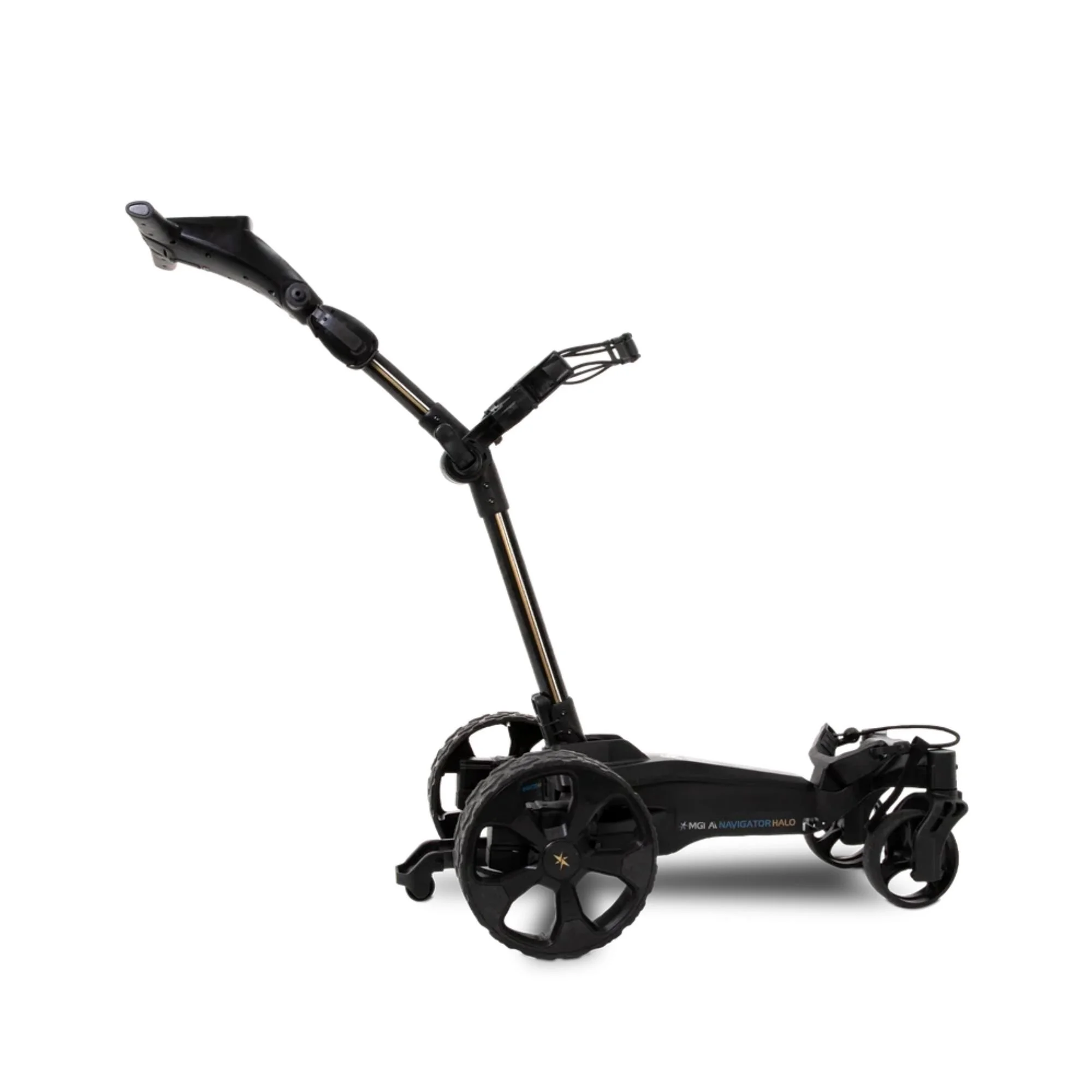 MGI Ai Navigator Halo remote control electric golf buggy, full side profile view showing MGI branding and 5th wheel
