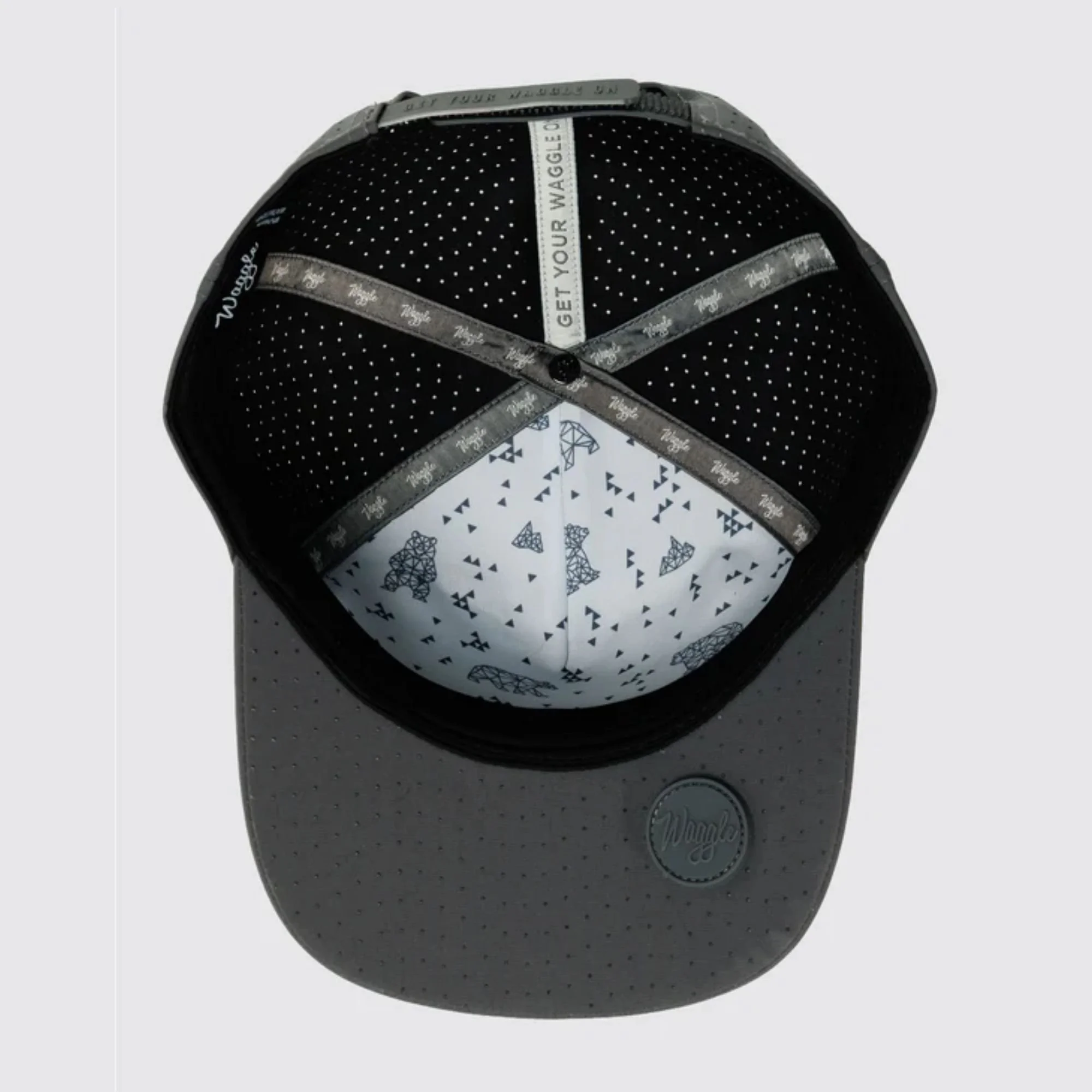 Waggle Great Bear Repel hat, charcoal grey, underside view showing gripped underbill and magnetic ball marker holder