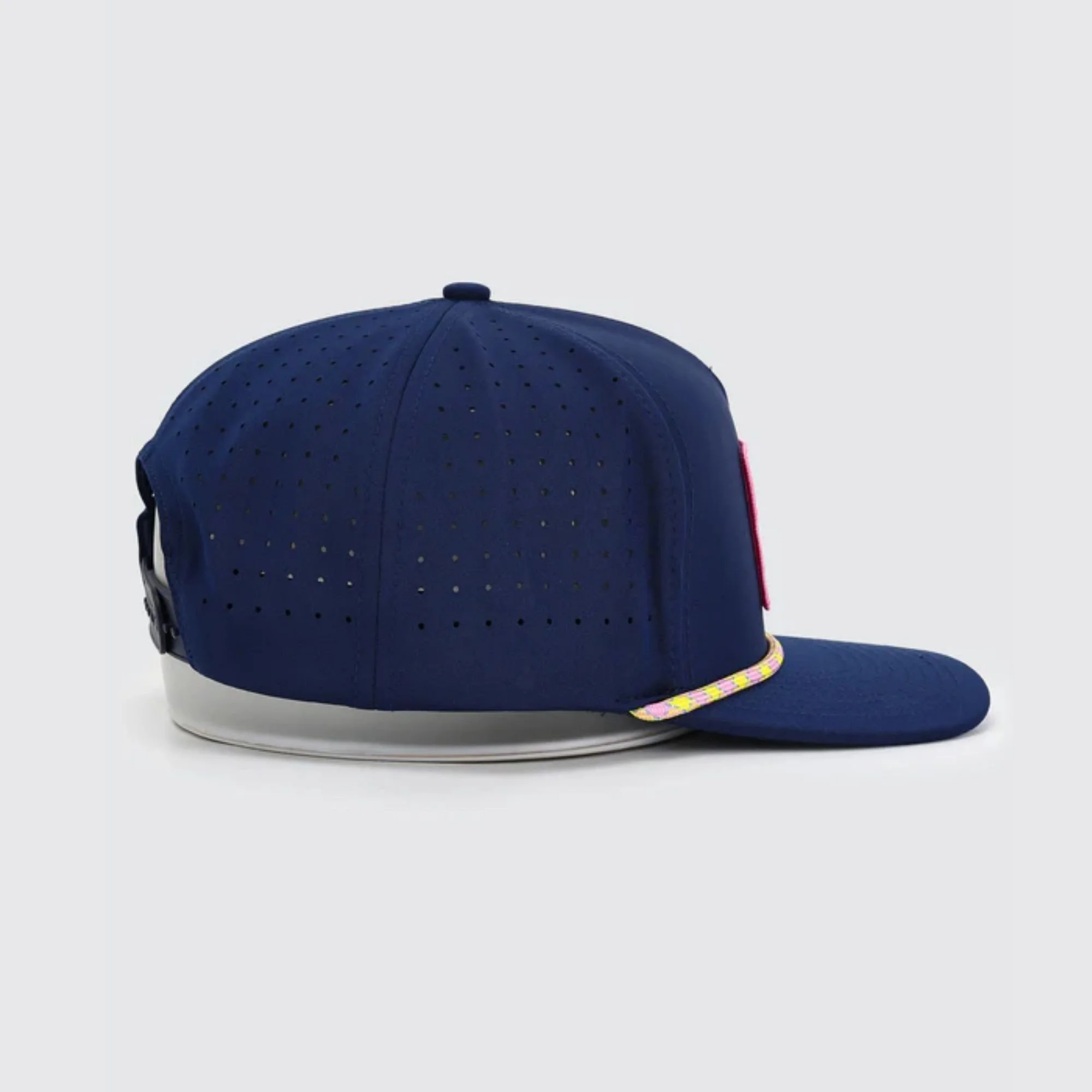Waggle Great Lakes Great Times hat, navy, left side view showing perforated panel detail