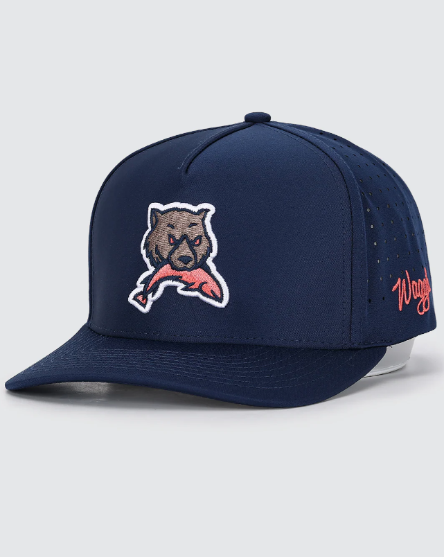 Waggle Kodiak hat, angled front view showing bear and fish embroidery detail