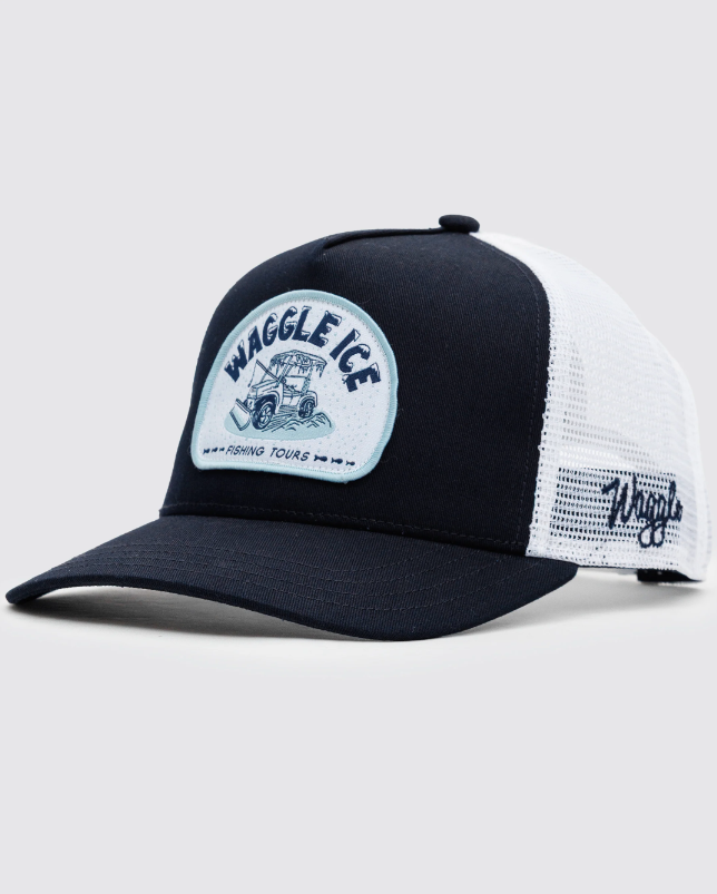 Waggle Ice Fishing Tours trucker hat, angled front view showing patch detail and Waggle logo
