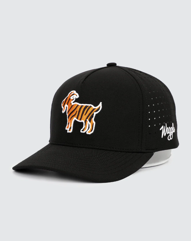 Waggle GOAT hat, angled front view showing tiger-striped goat embroidery detail