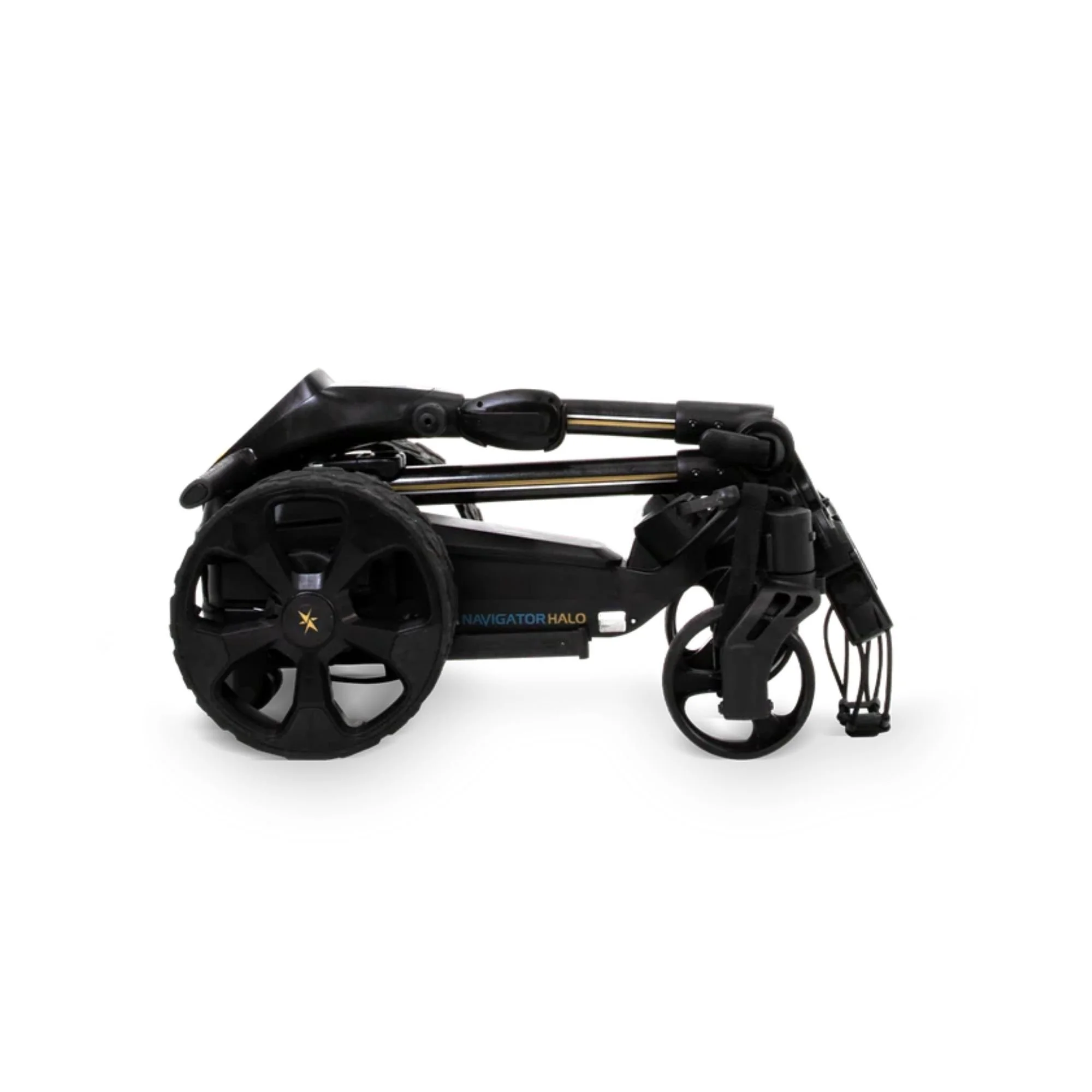 MGI Ai Navigator Halo remote control electric golf buggy, folded compact position showing Navigator Halo branding