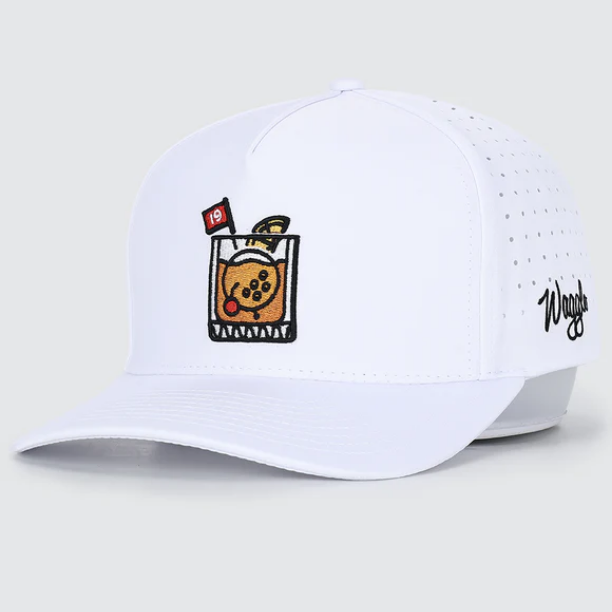 Waggle 19th Hole hat, angled front view showing Waggle logo on side panel