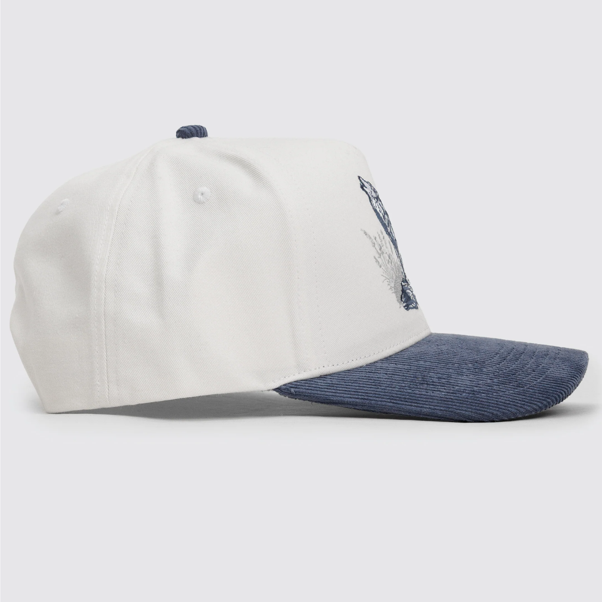 Waggle Alpha Corduroy Brim hat, right side view with wolf embroidery detail