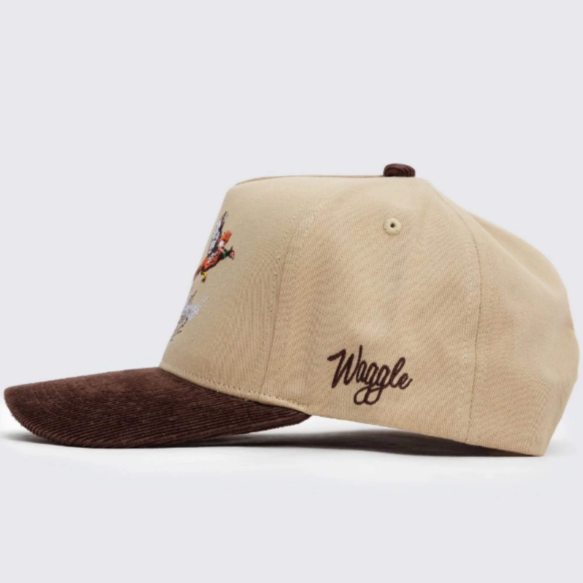 Waggle Upland Corduroy Brim hat, side view with Waggle script logo