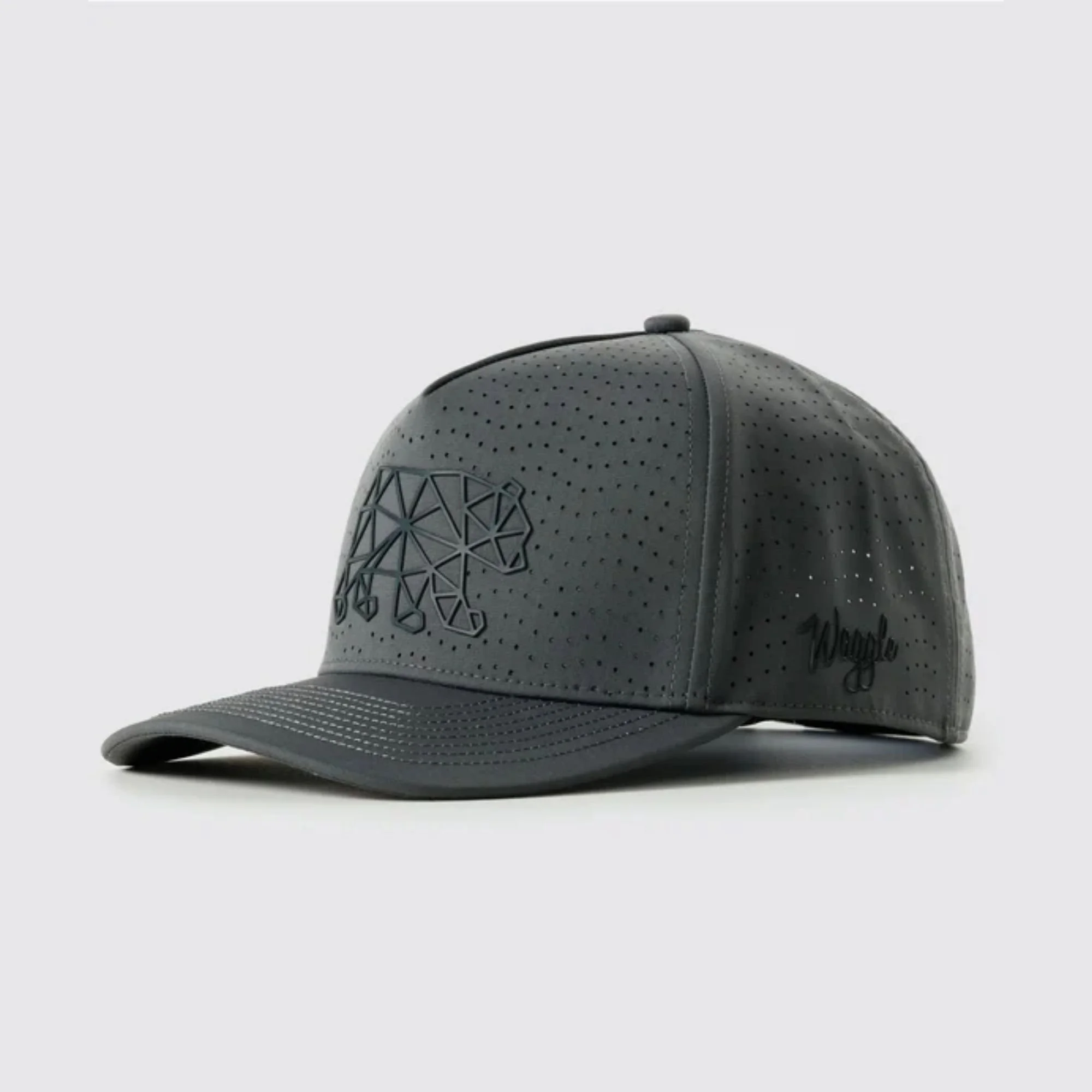 Waggle Great Bear Repel hat, charcoal grey, angled front view showing geometric bear emblem detail