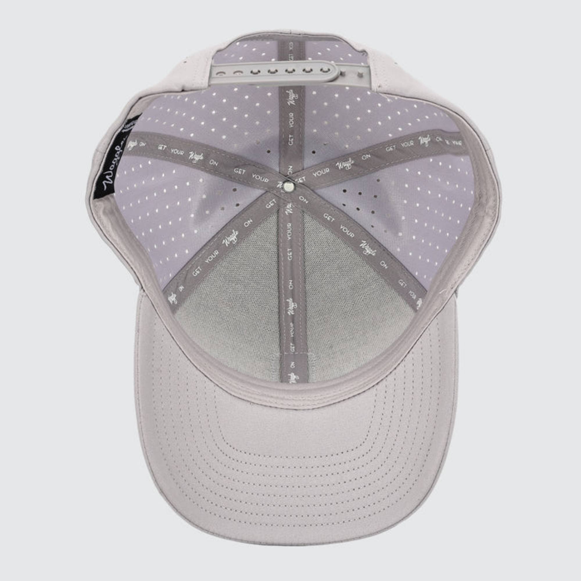 Waggle Heritage hat, light grey, underside view showing six-panel construction