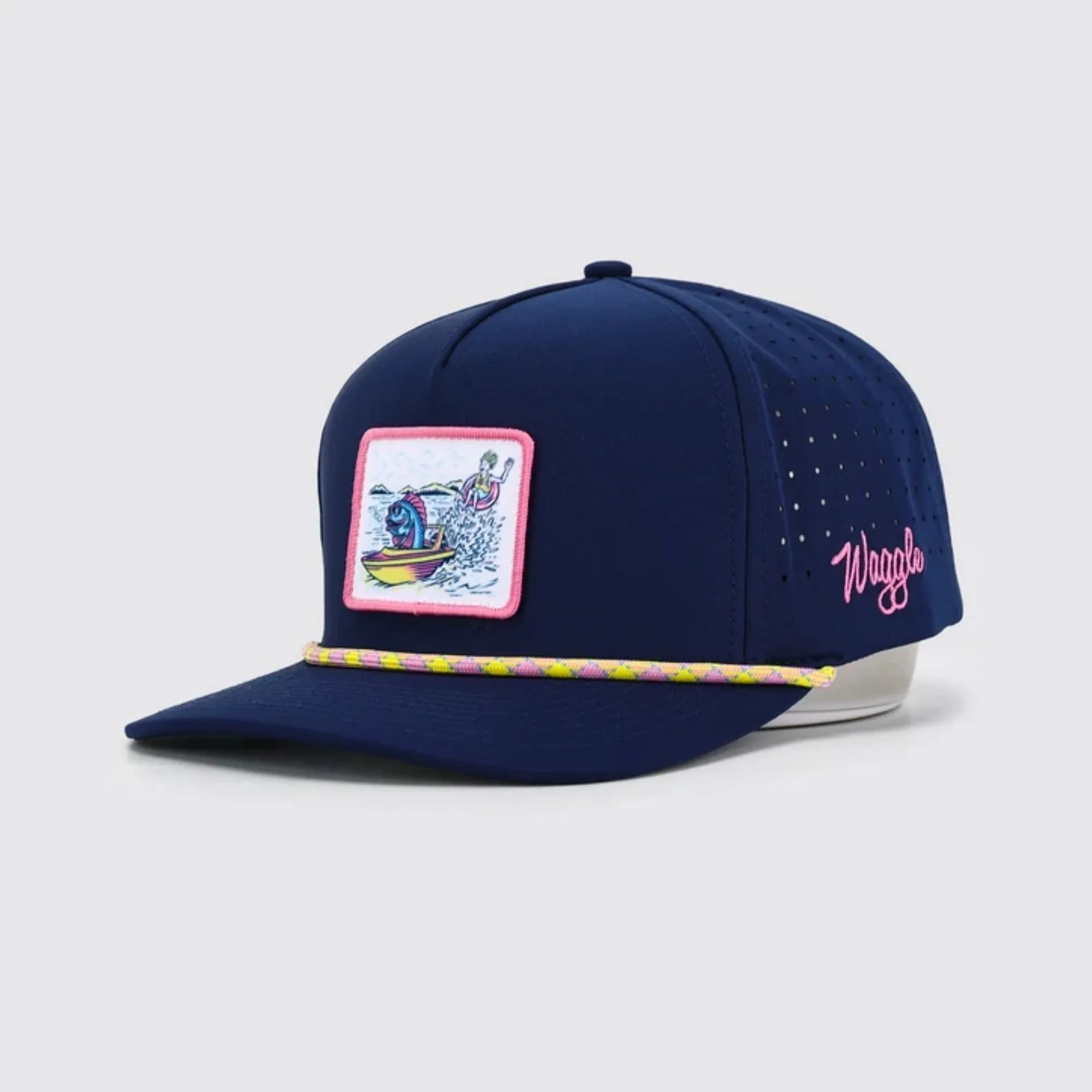 Waggle Great Lakes Great Times hat, navy, angled front view showing boating patch detail