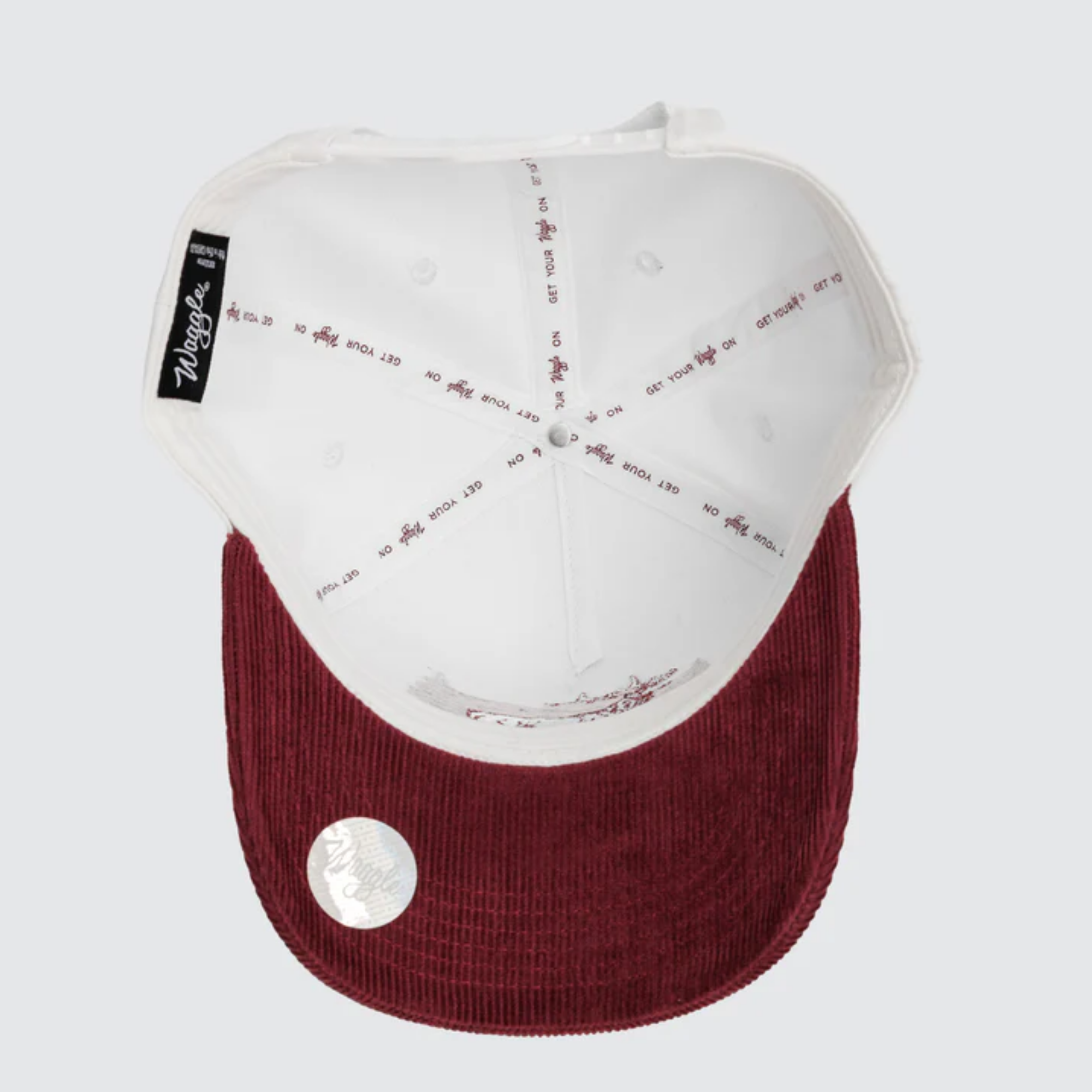 Waggle Yukon Corduroy Brim hat, underside view showing maroon corduroy brim