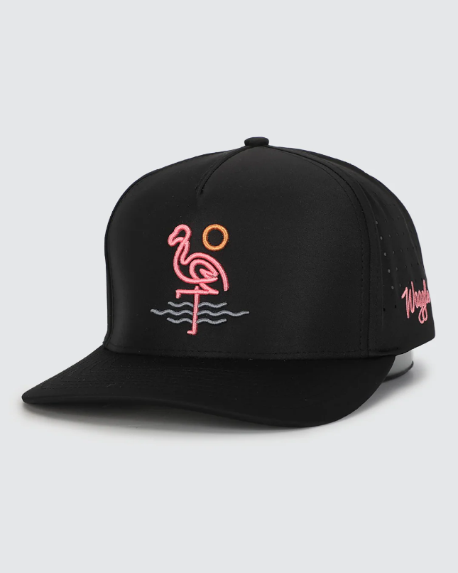Waggle Flamingo Bay hat, angled front view showing flamingo design detail