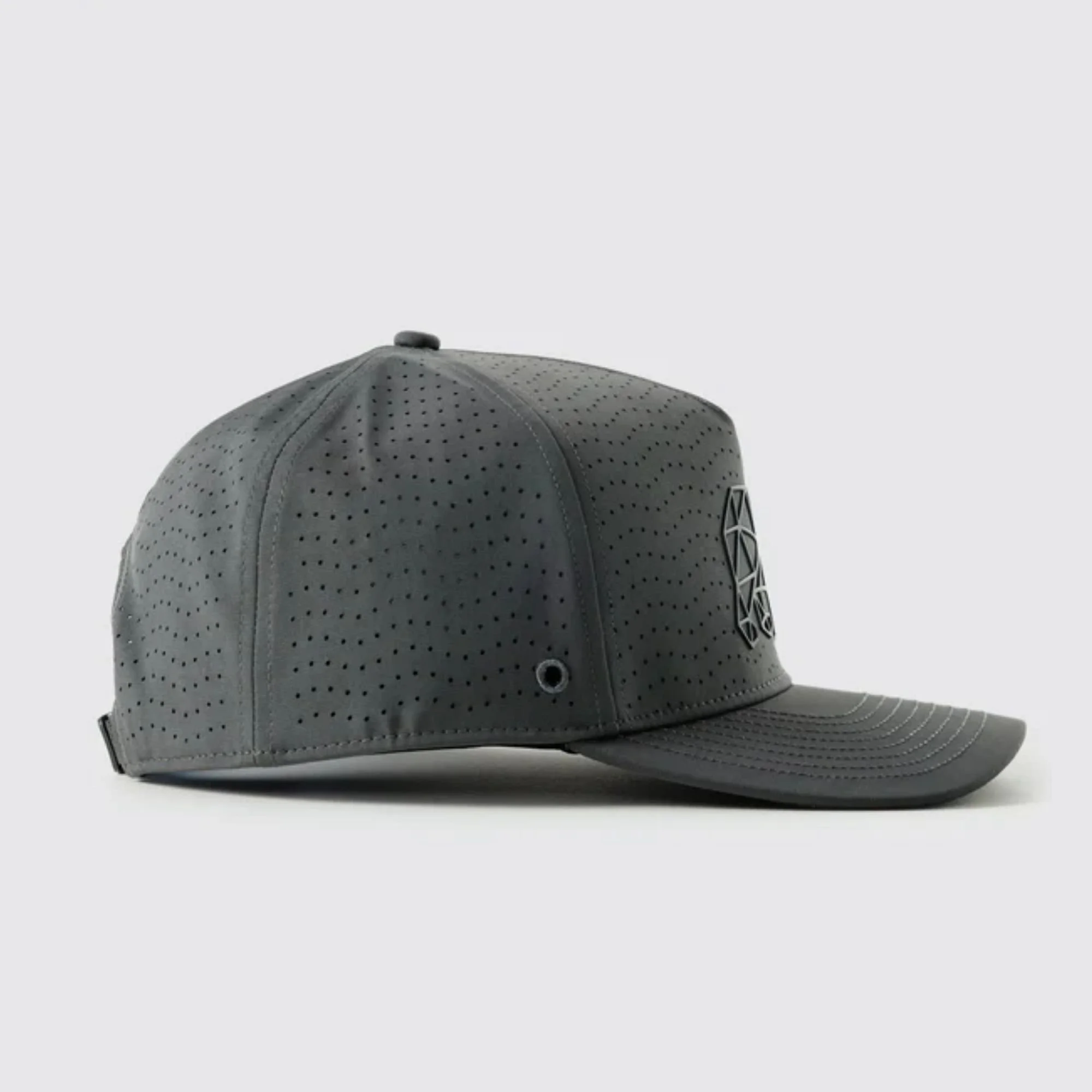 Waggle Great Bear Repel hat, charcoal grey, left side view showing perforated panel detail