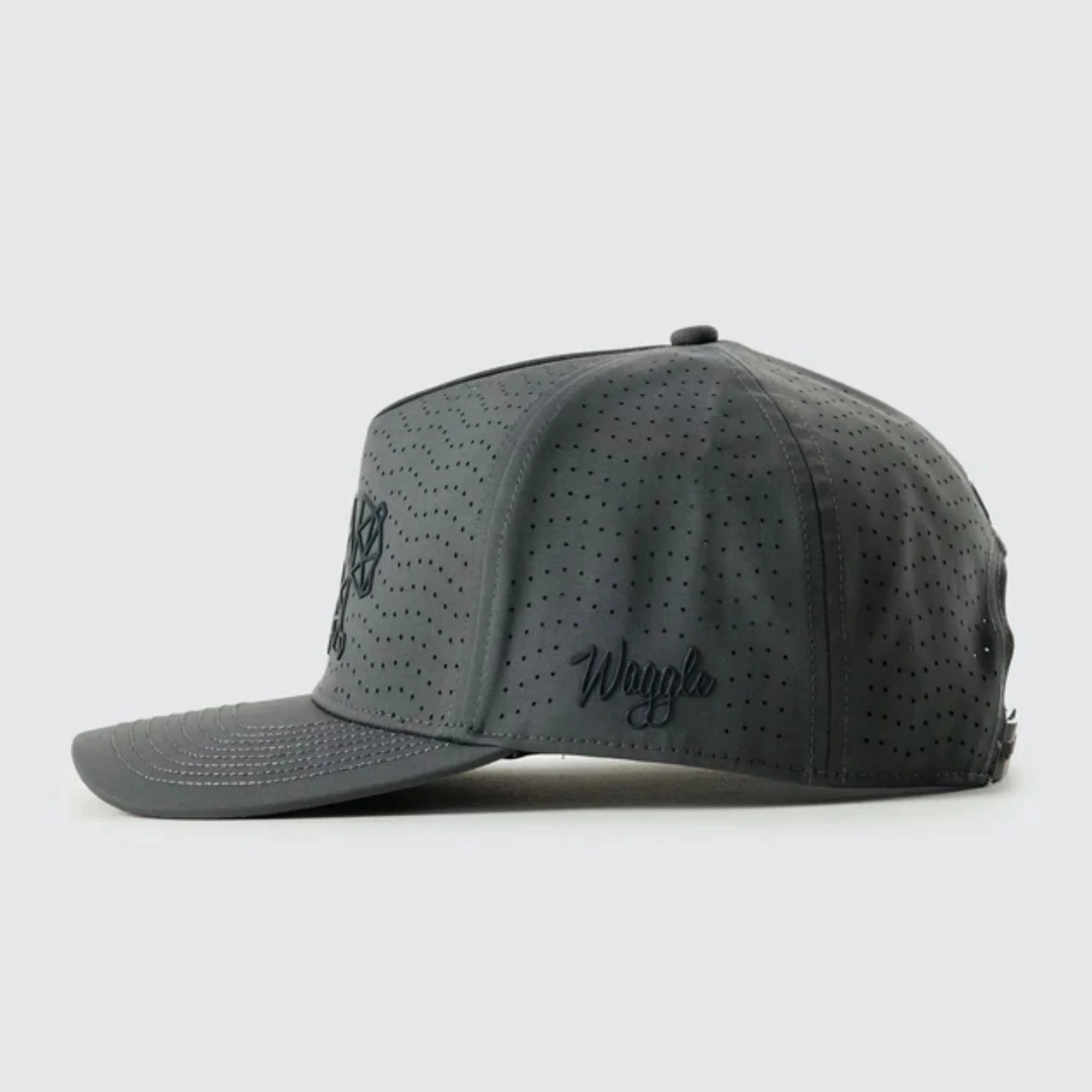 Waggle Great Bear Repel hat, charcoal grey, right side view with Waggle logo