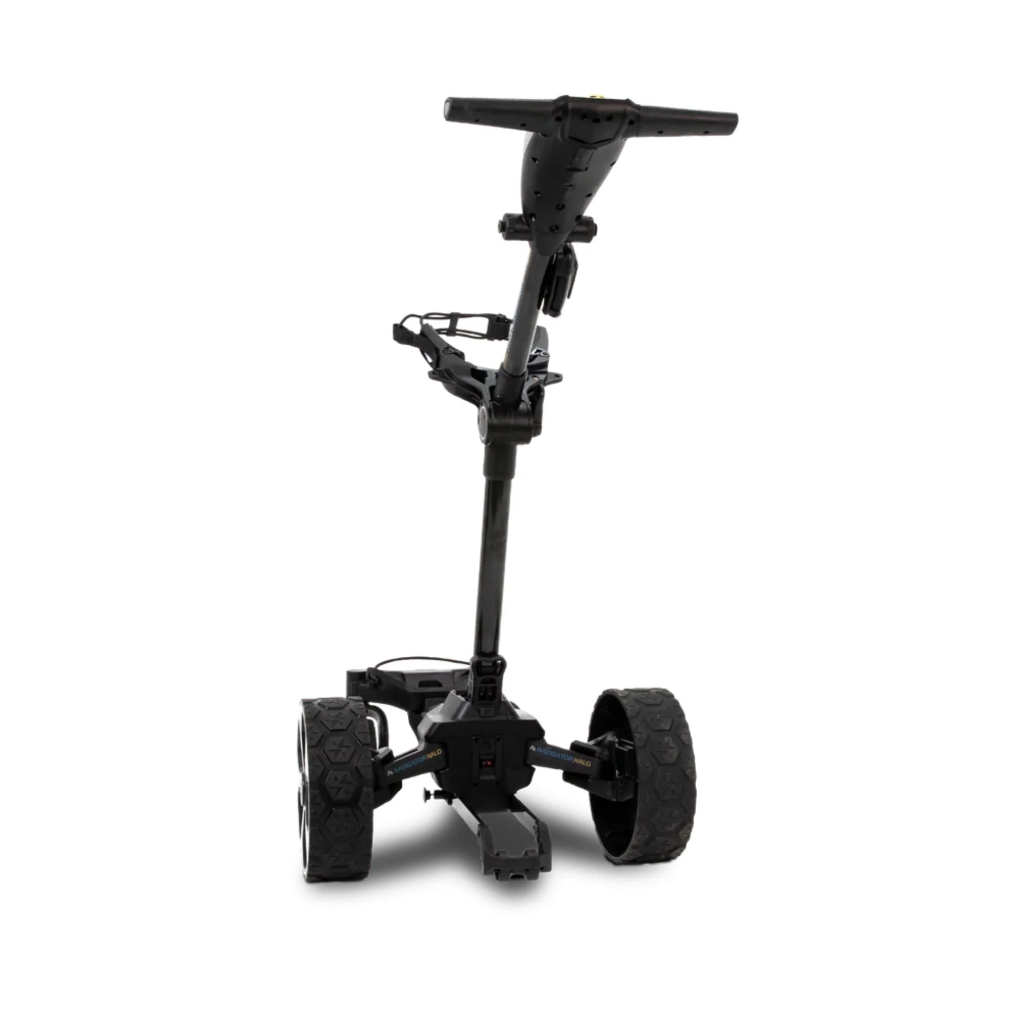 MGI Ai Navigator Halo remote control electric golf buggy, angled rear three-quarter view showing all-terrain wheels and frame