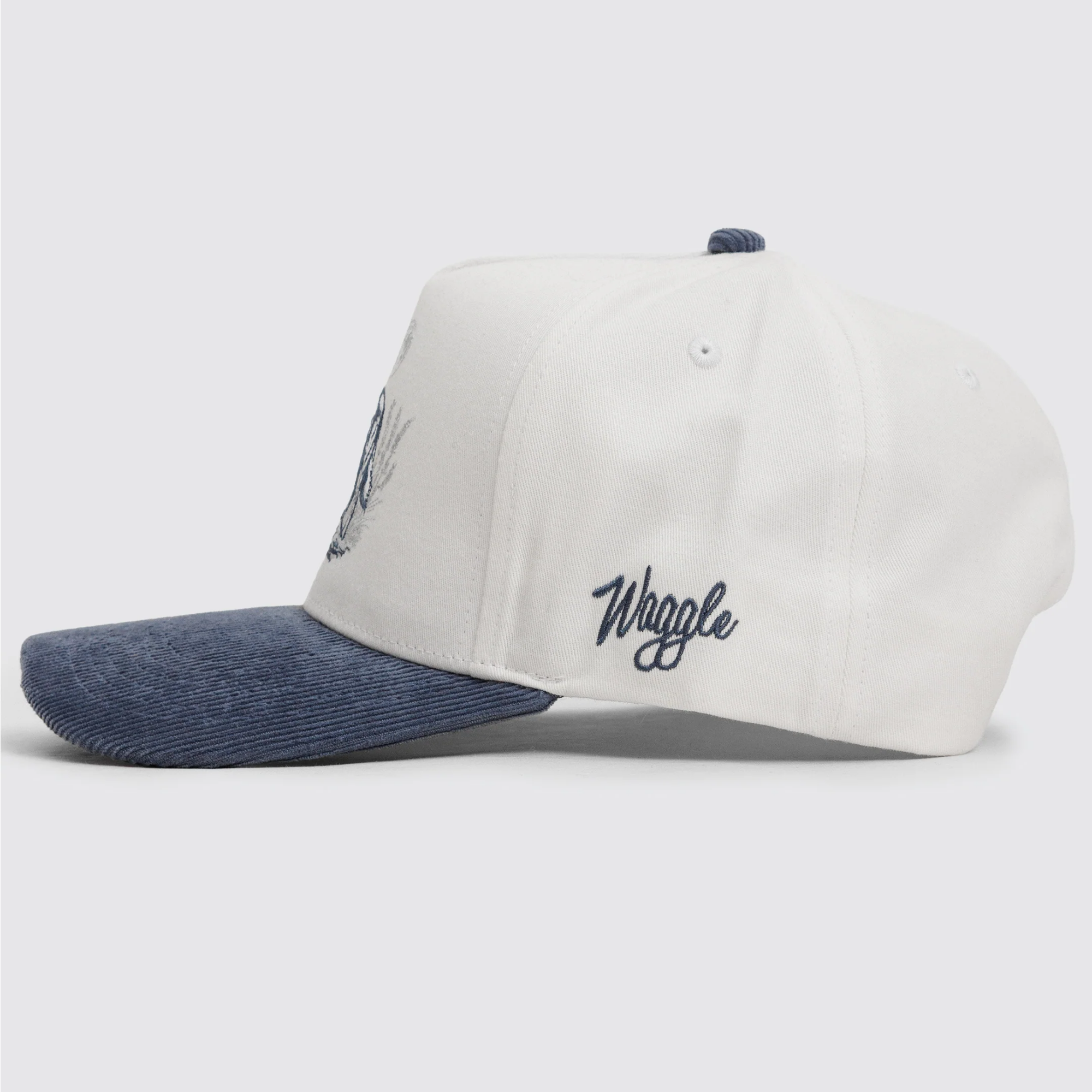 Waggle Alpha Corduroy Brim hat, left side view showing navy corduroy brim