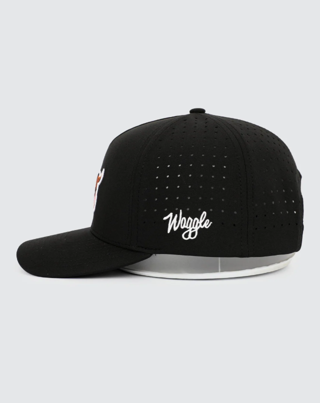 Waggle GOAT hat, side view showing Waggle script logo and perforated panels