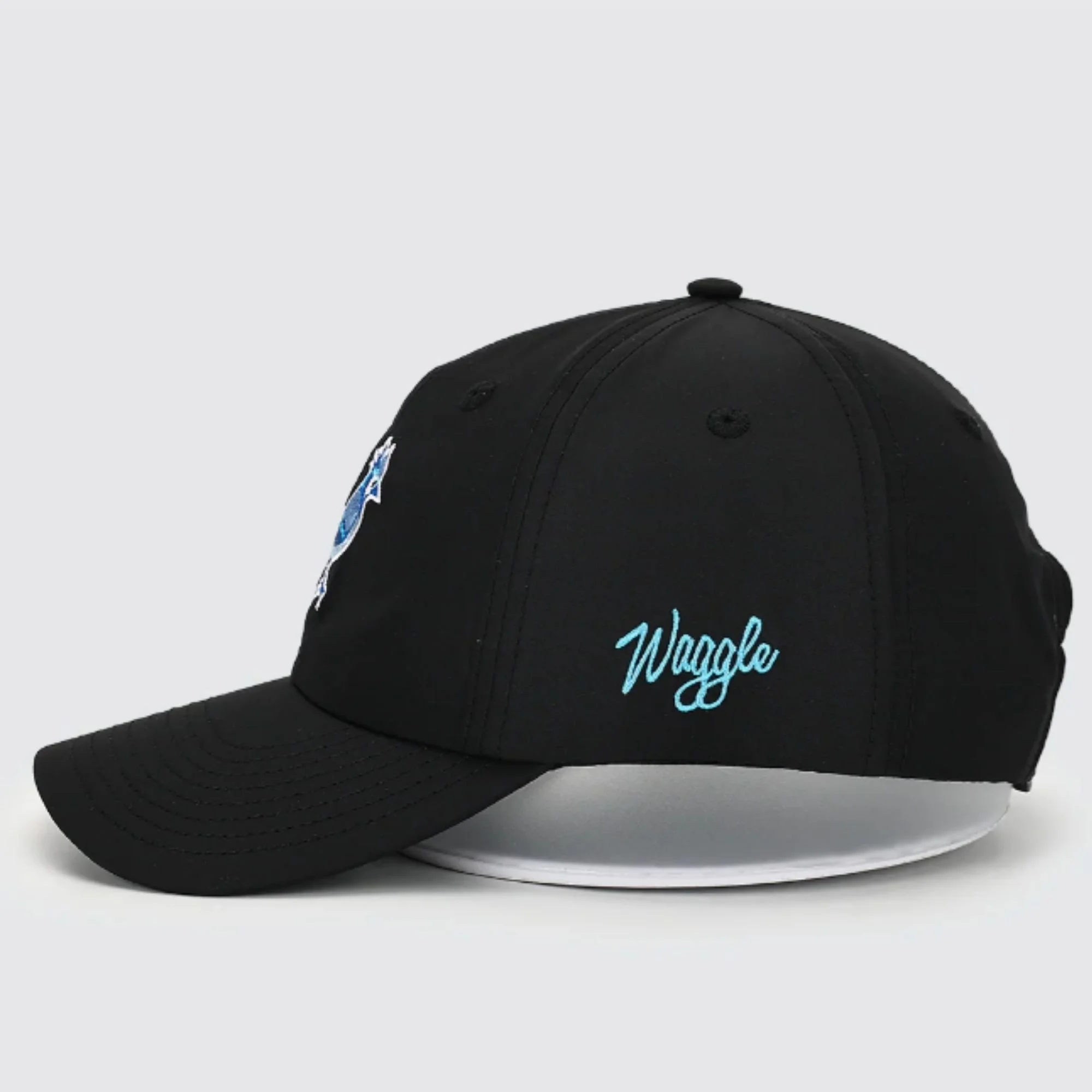 Waggle True Blue Flight hat, side view with Waggle script logo